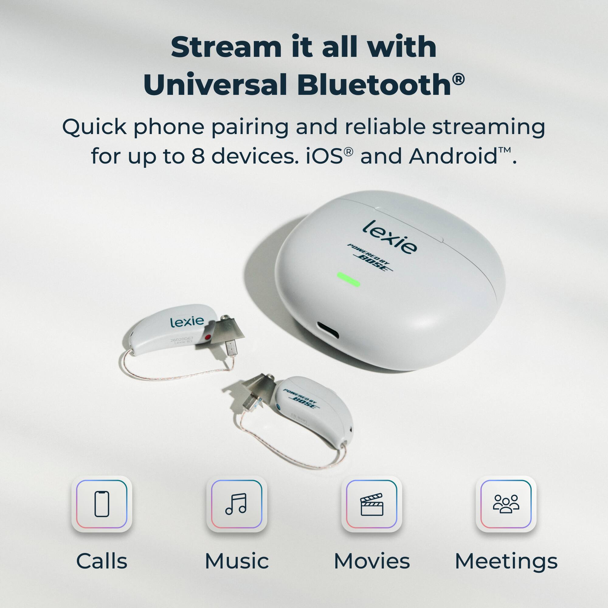 Stream it all with Universal Bluetooth®  
Quick phone pairing and reliable streaming for up to 8 devices. iOS® and Android™.

Calls  
Music  
Movies  
Meetings