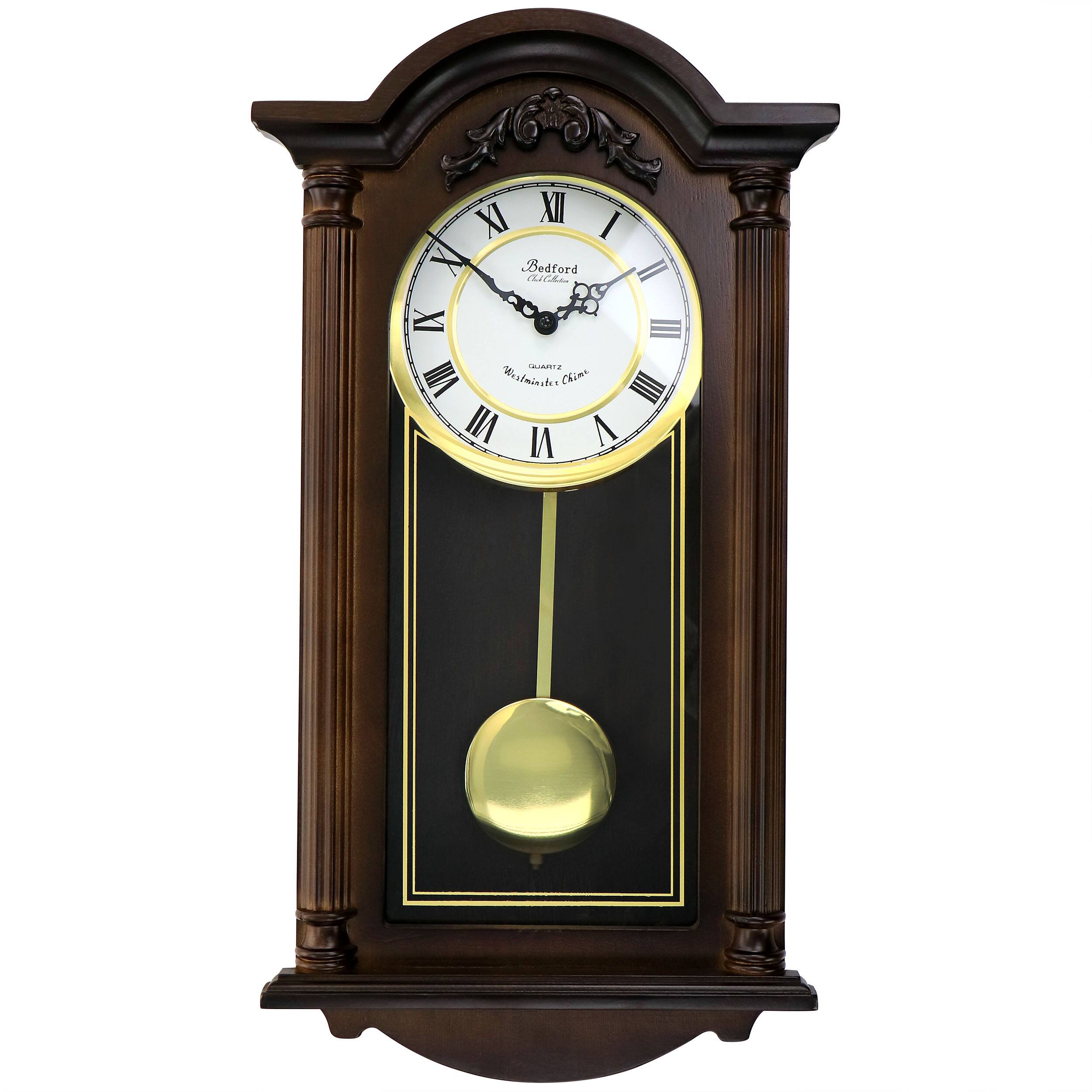 Bedford Clock Collection - Noah 22 Inch Chestnut Wood Chiming Pendulum Wall Clock - Brown