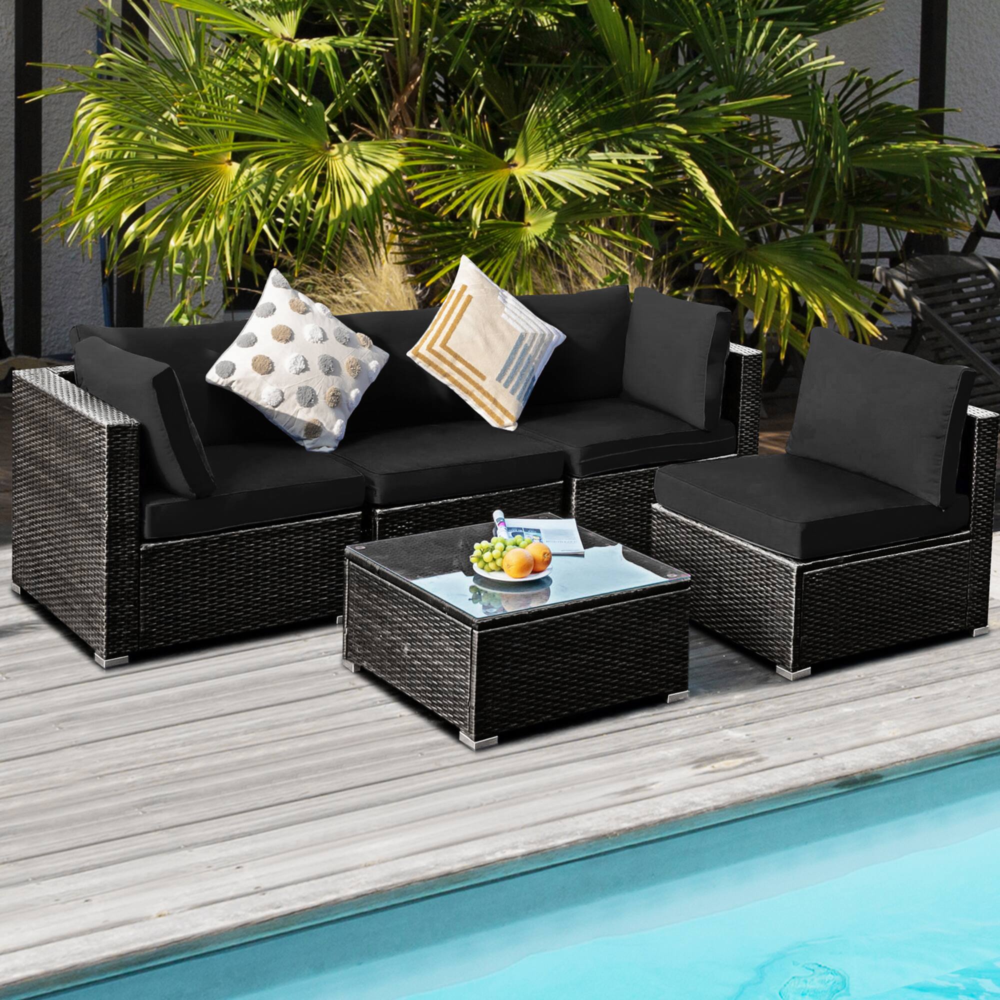 Alt View 3. Gymax - Gymax 5PCS Rattan Patio Conversation Set Sofa Furniture Set w/ Black Cushions - Mix brown.