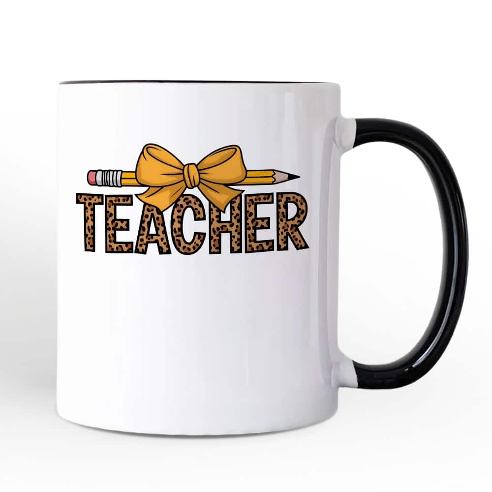OrnamentallyYou - Teacher Leopard Pencil Mug, Coquette Bow Retro Classroom Gift - White