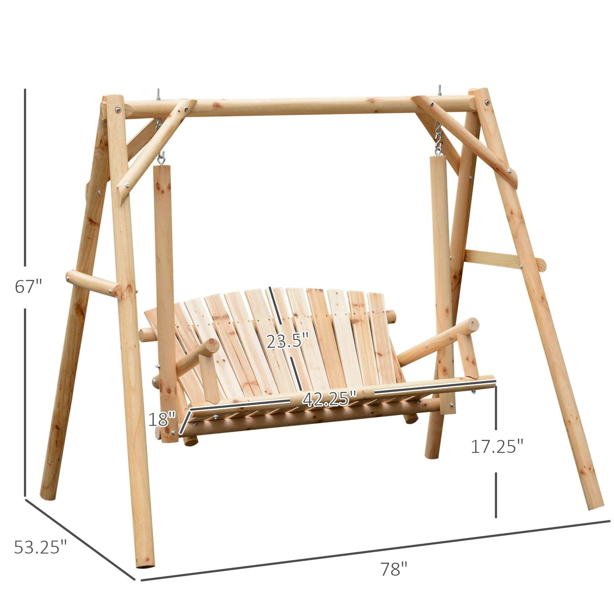 The dimensions of the wooden swing are as follows:

- Height: 67"
- Width: 78"
- Depth: 53.25"
- Seat Width: 42.25"
- Seat Depth: 23.5"
- Height from the ground to the seat: 18"
- Height from the seat to the top bar: 17.25"
