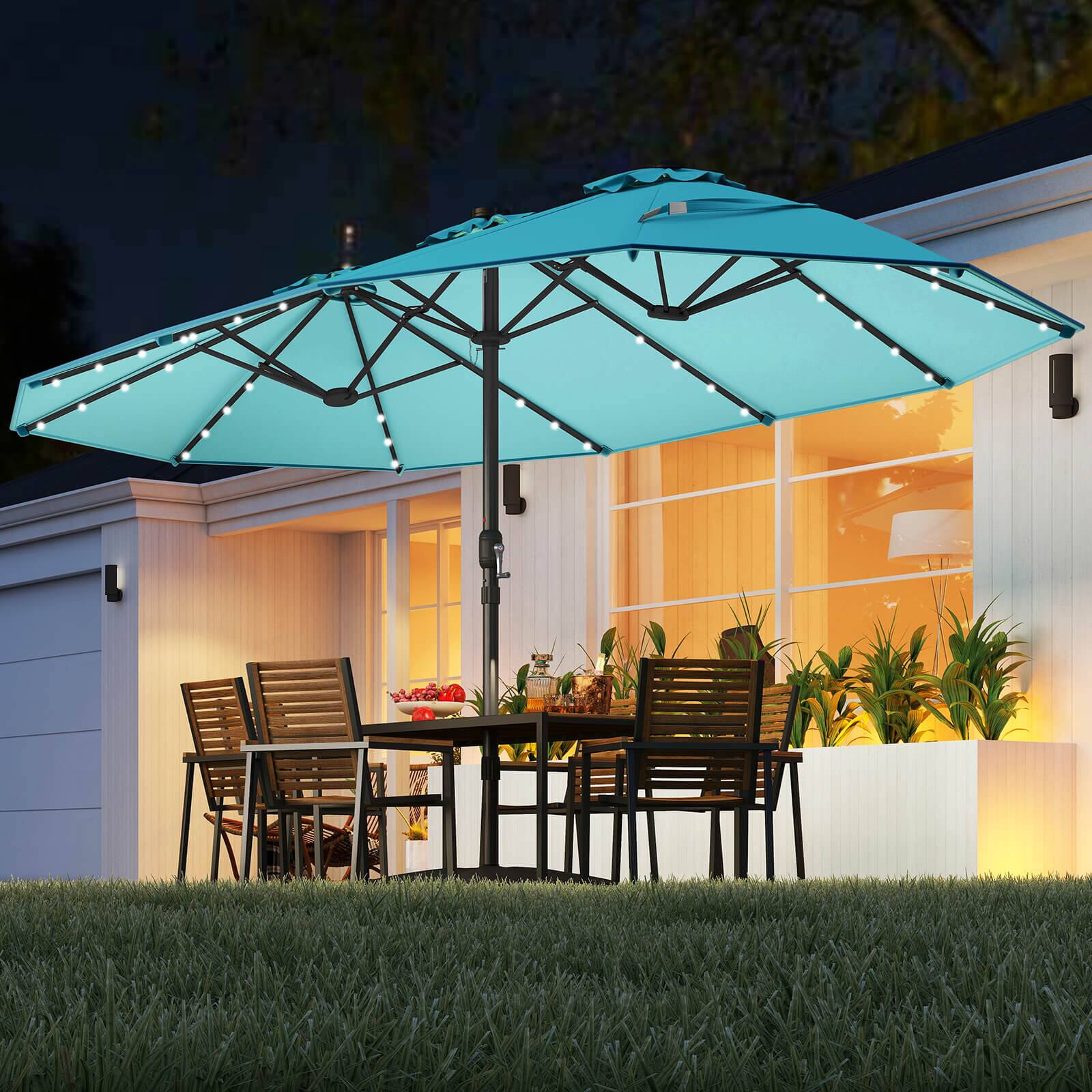 Alt View 2. Costway - Costway 15 Ft Patio Double-Sided Solar LED Market Umbrella Crank 36 Lights Base - Turquoise.