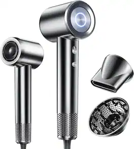 Core Tech - 1800W 16,000 RPM Ionic Hair Dryer with 4 Heat Modes, 2 Speeds, Magnetic Concentrator and Diffuser - Silver