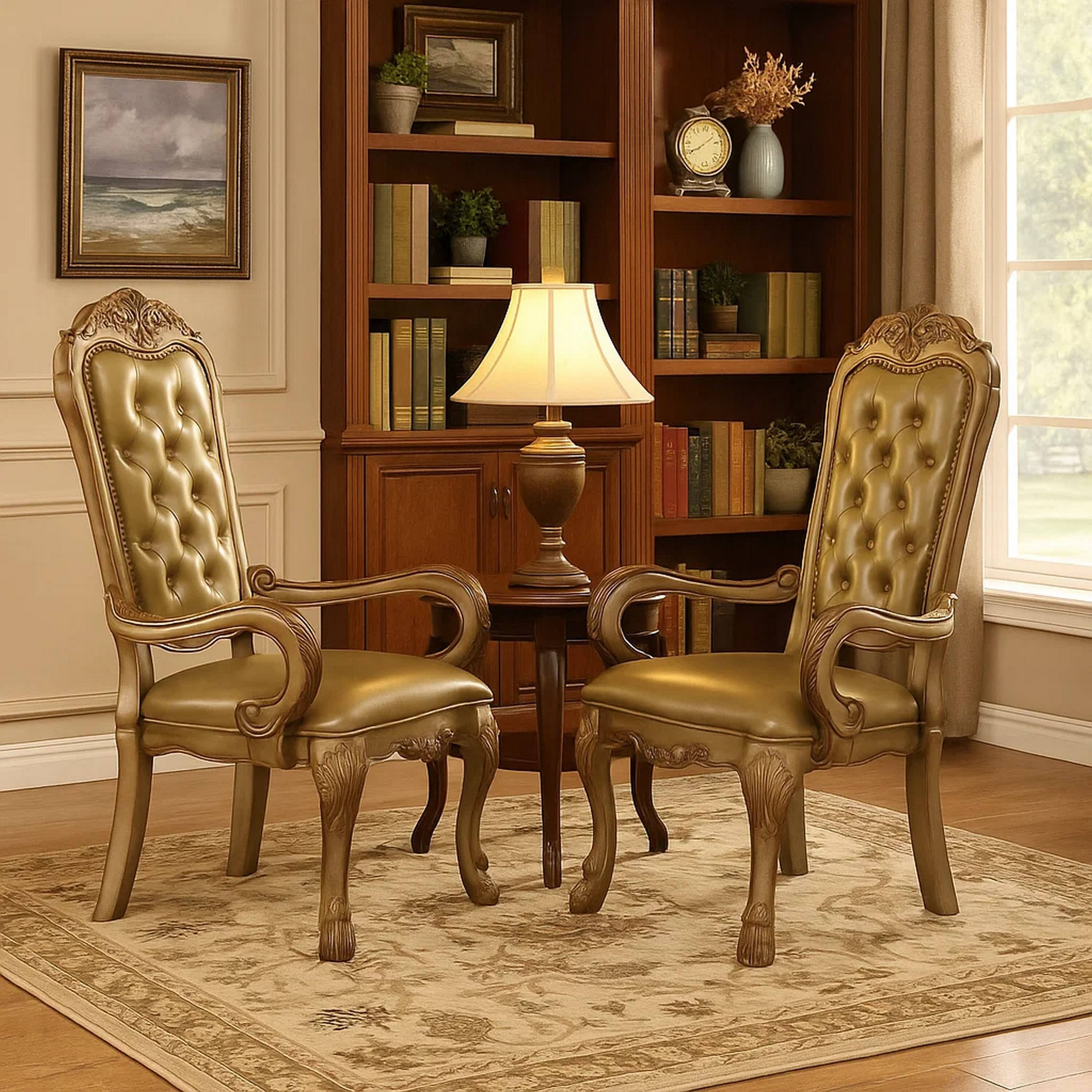 Alt View 5. Manhattan Lane - Leatherette Upholstered Arm Chair with Intricate Carvings, Set of 2 - Gold.
