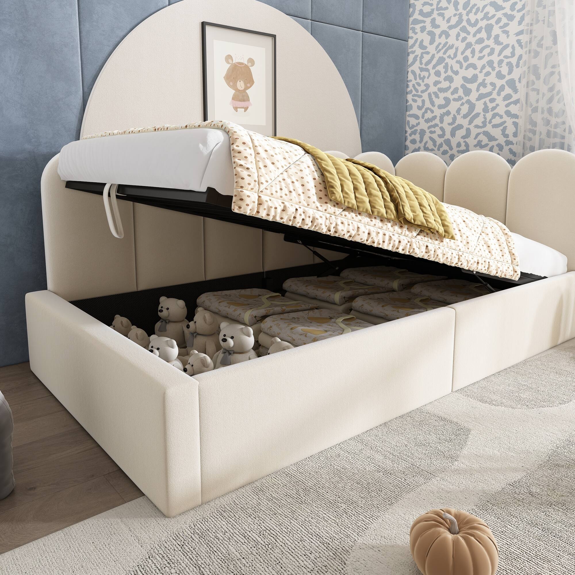 Alt View 4. GOODSILO - Upholstered Daybed with Hydraulic Storage, Twin Size Sofa Bed Frame with Metal Slats and Velvet Covering - Beige.