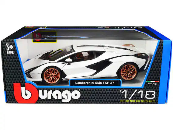 - 3+ AGES
- Lamborghini Sián FKP 37
- Italian Design
- 1/18
- DIE-CAST METAL WITH PLASTIC PARTS
- Burago