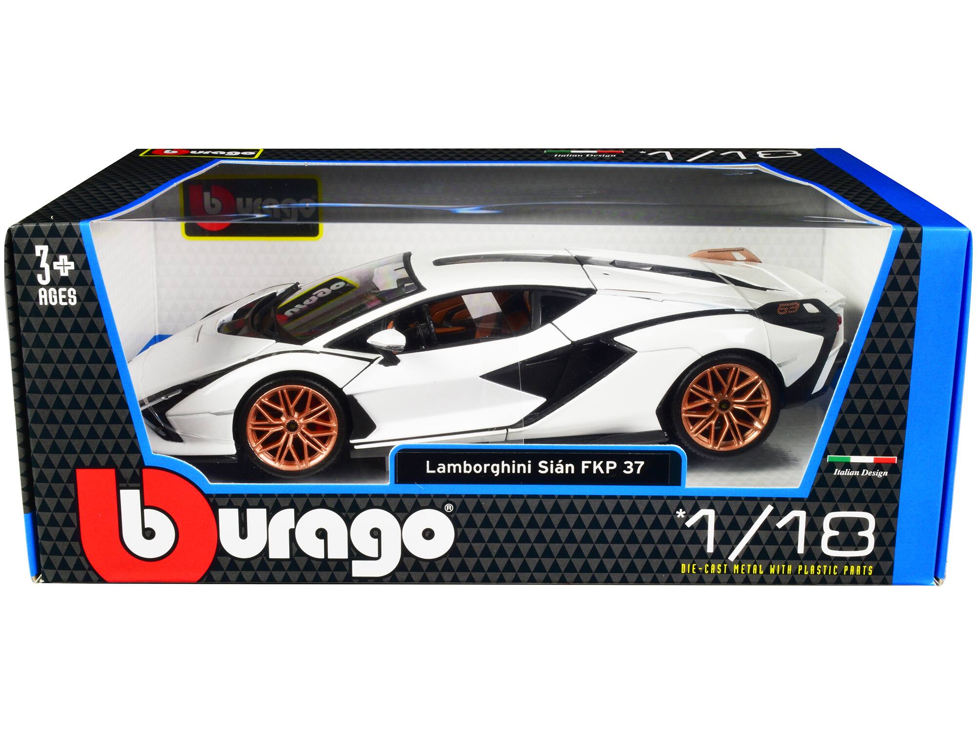 - 3+ AGES
- Lamborghini Sián FKP 37
- Italian Design
- 1/18
- DIE-CAST METAL WITH PLASTIC PARTS
- Burago