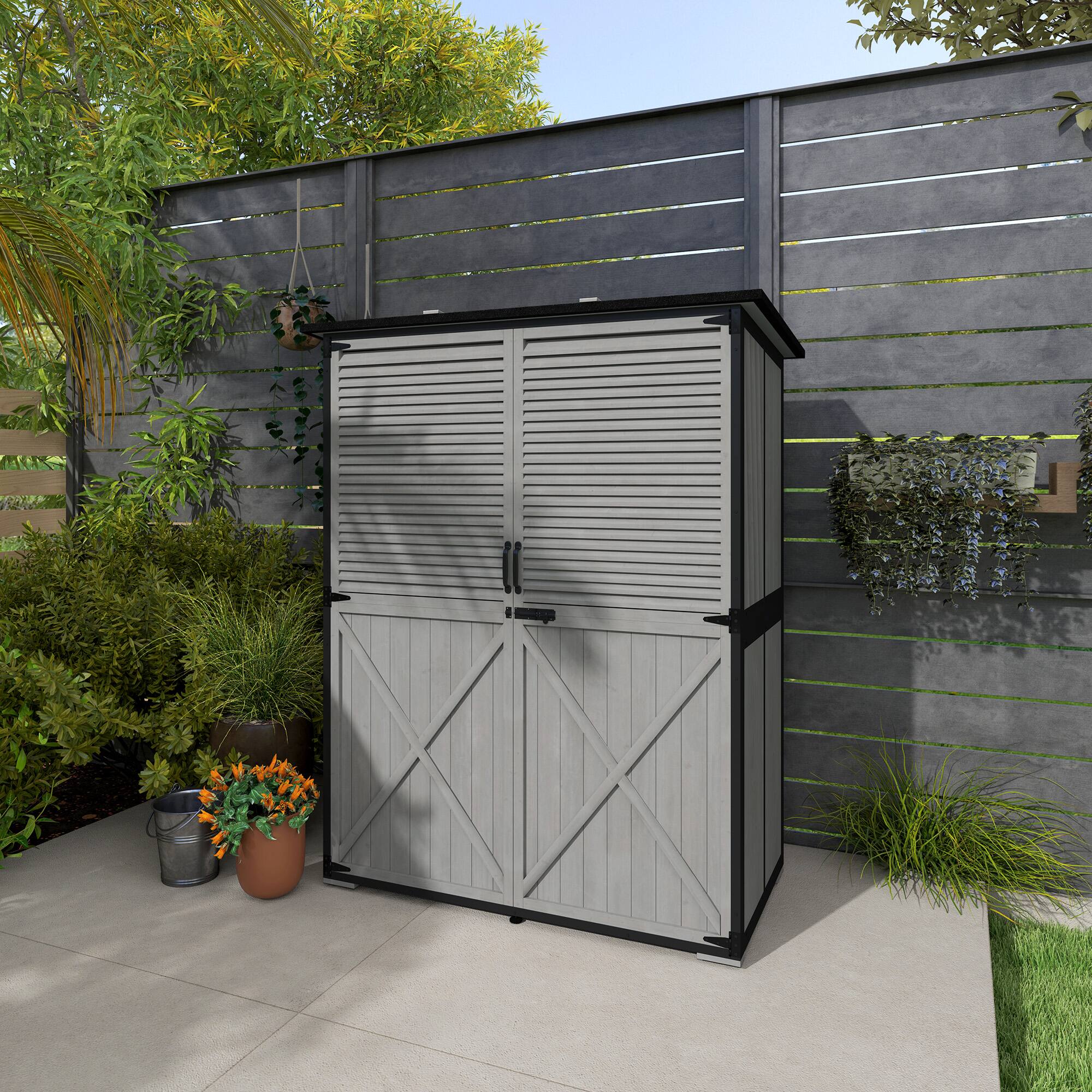 Alt View 8. Outsunny - Outdoor Storage Cabinet, Wood Garden Tool Shed with Lock, Steel Frame and Asphalt Roof, Garden Storage Shed.