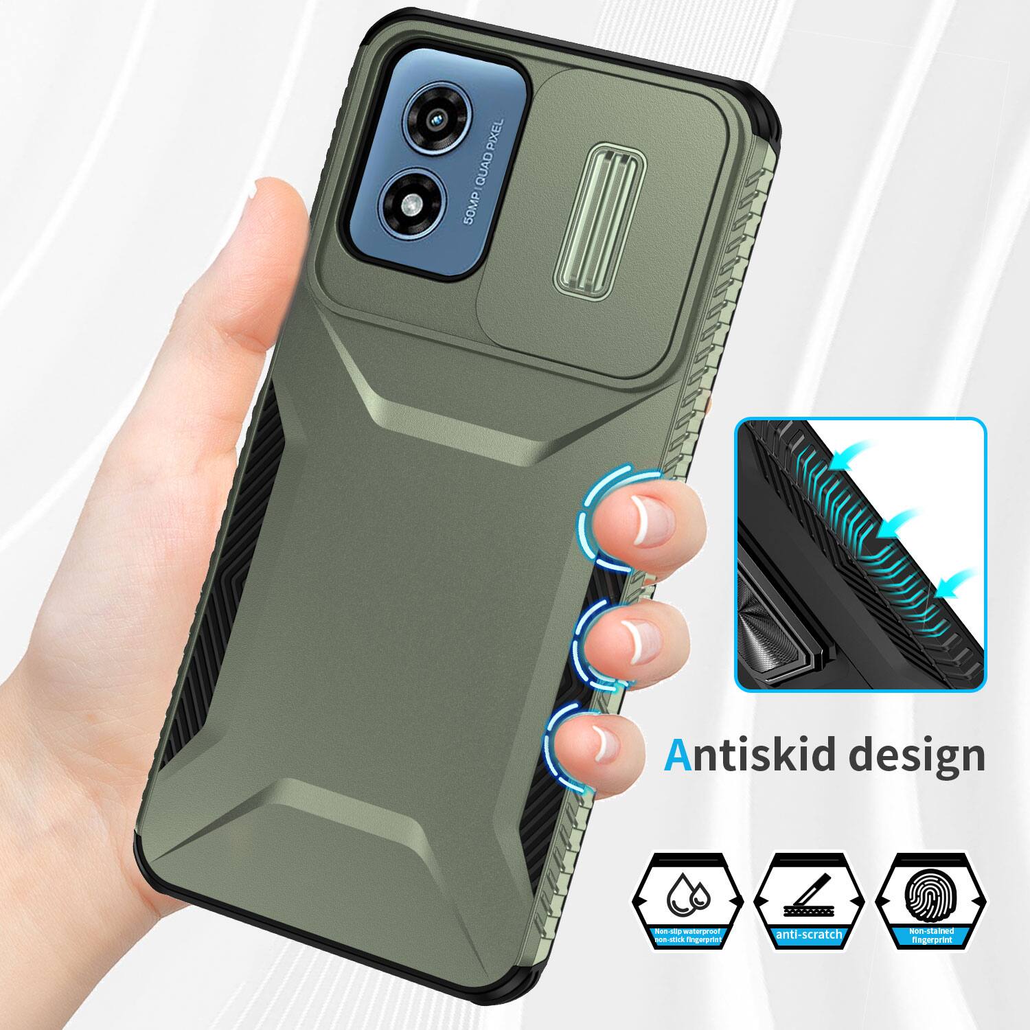 PIXEL QUAD 50MP  
Antiskid design  
Non-slip waterproof on-stick fingerprint  
anti-scratch  
Non-stained fingerprint