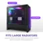 Up to 240mm radiator in front and a 240mm radiator up top for powerful liquid cooling setups.