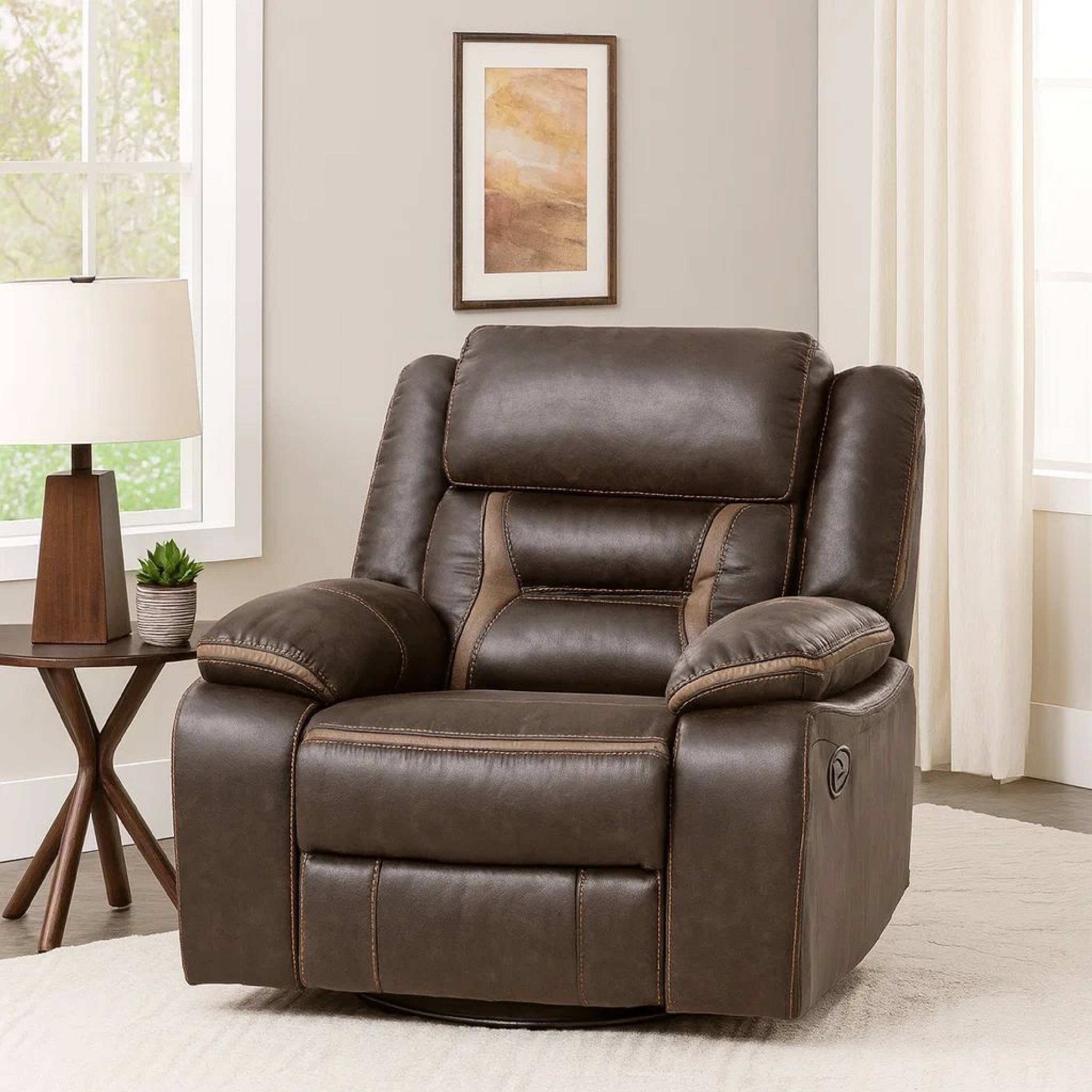 Alt View 2. Manhattan Lane - Jake 41 Inch Gliding Manual Recliner, Pillowtop,   Faux Leather - Brown.
