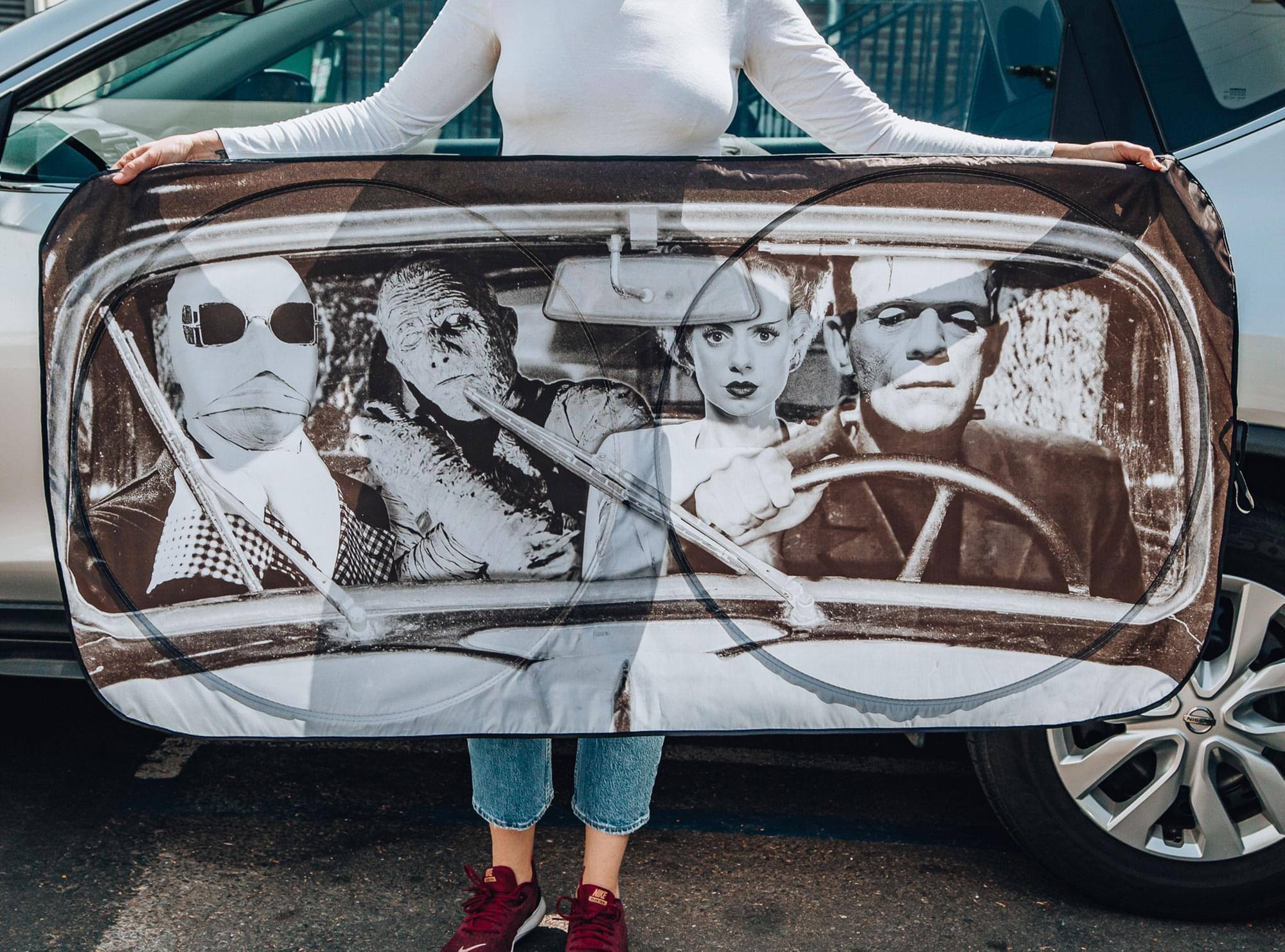 Alt View 2. Surreal Entertainment - Universal Monsters Sunshade for Car Windshield | 64 x 32 Inches - Grey.