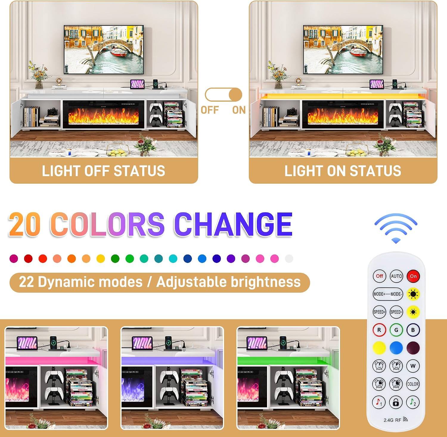 OFF ON  
LIGHT OFF STATUS  
LIGHT ON STATUS  
20 COLORS CHANGE  
22 Dynamic modes / Adjustable brightness  
Off AUTO On  
MODE--MODE MODE MODE  
SPEED SPEED  
W!lle Mille Mille  
R G B W  
COLOR 1 3 24G  
RF A