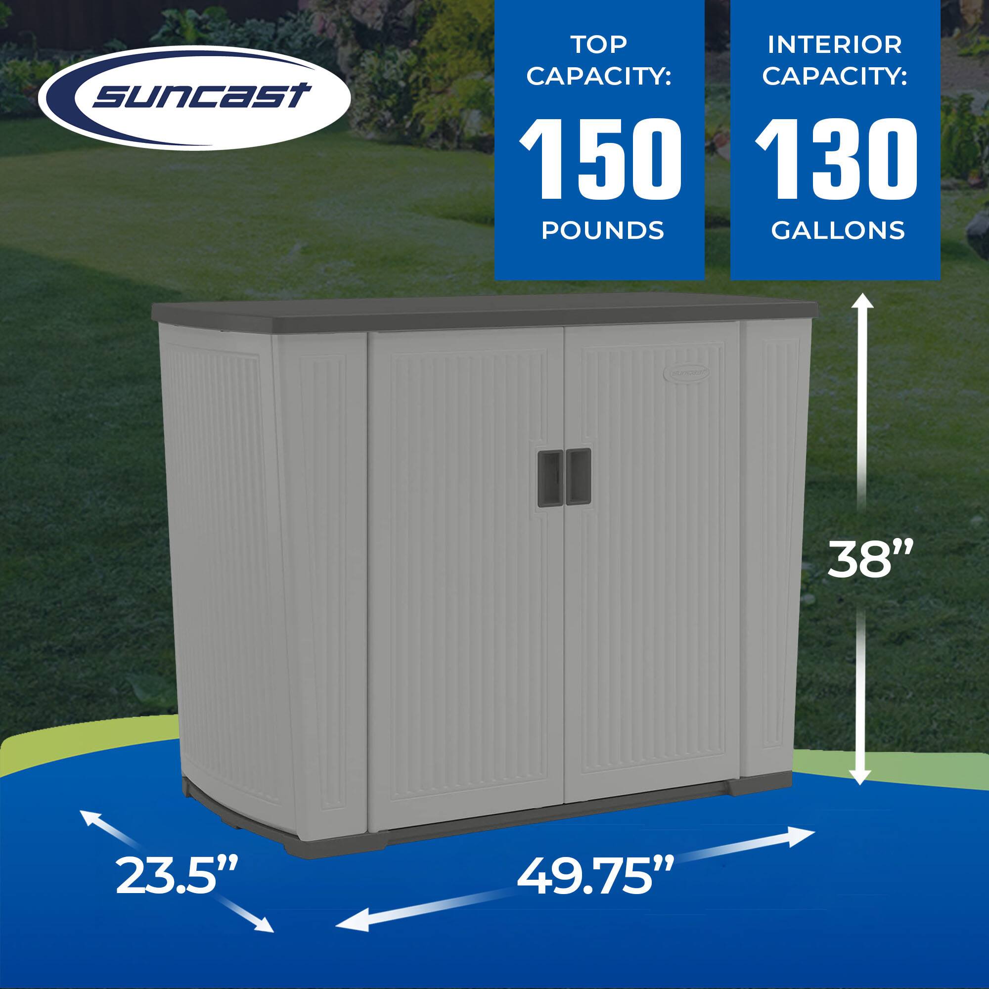 Suncast

TOP CAPACITY: 150 POUNDS

INTERIOR CAPACITY: 130 GALLONS

38" (height)

23.5" (width)

49.75" (depth)