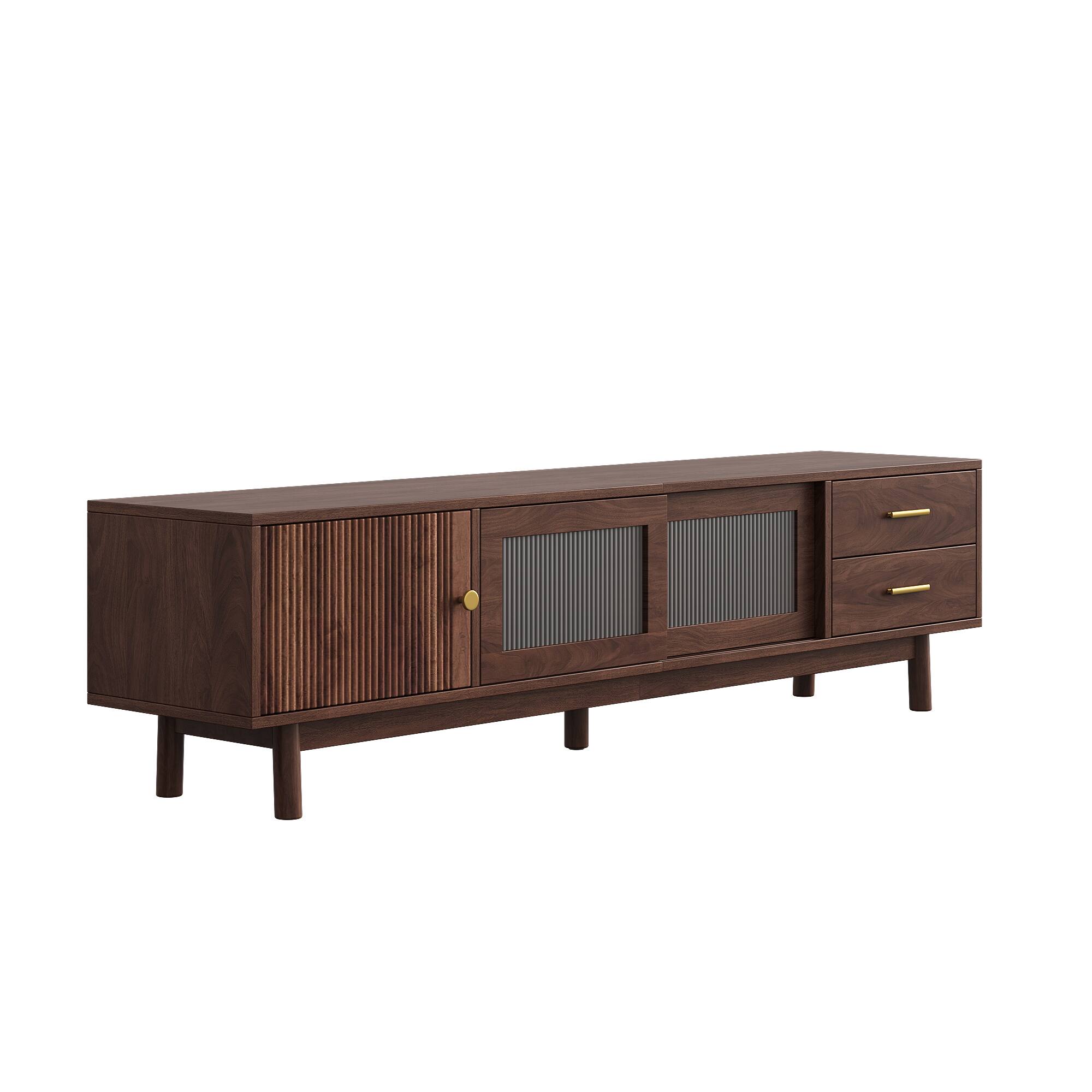 Alt View 6. MERAVOM - Mid Century Modern TV Stand for 80" TVs, Entertainment Center with Glass Sliding Doors and 2 Drawers for Living Room - Walnut.