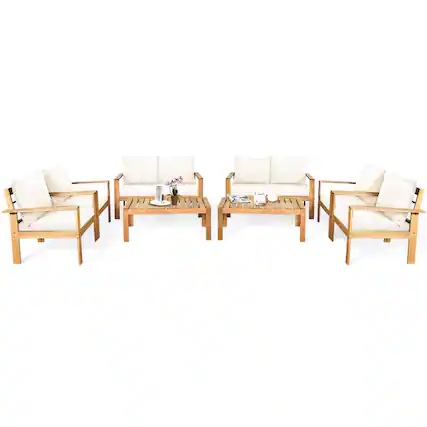 Front. Gymax - Gymax 8PCS Patio Acacia Wood Conversation Furniture Set w/ Off White Cushions - Off White.
