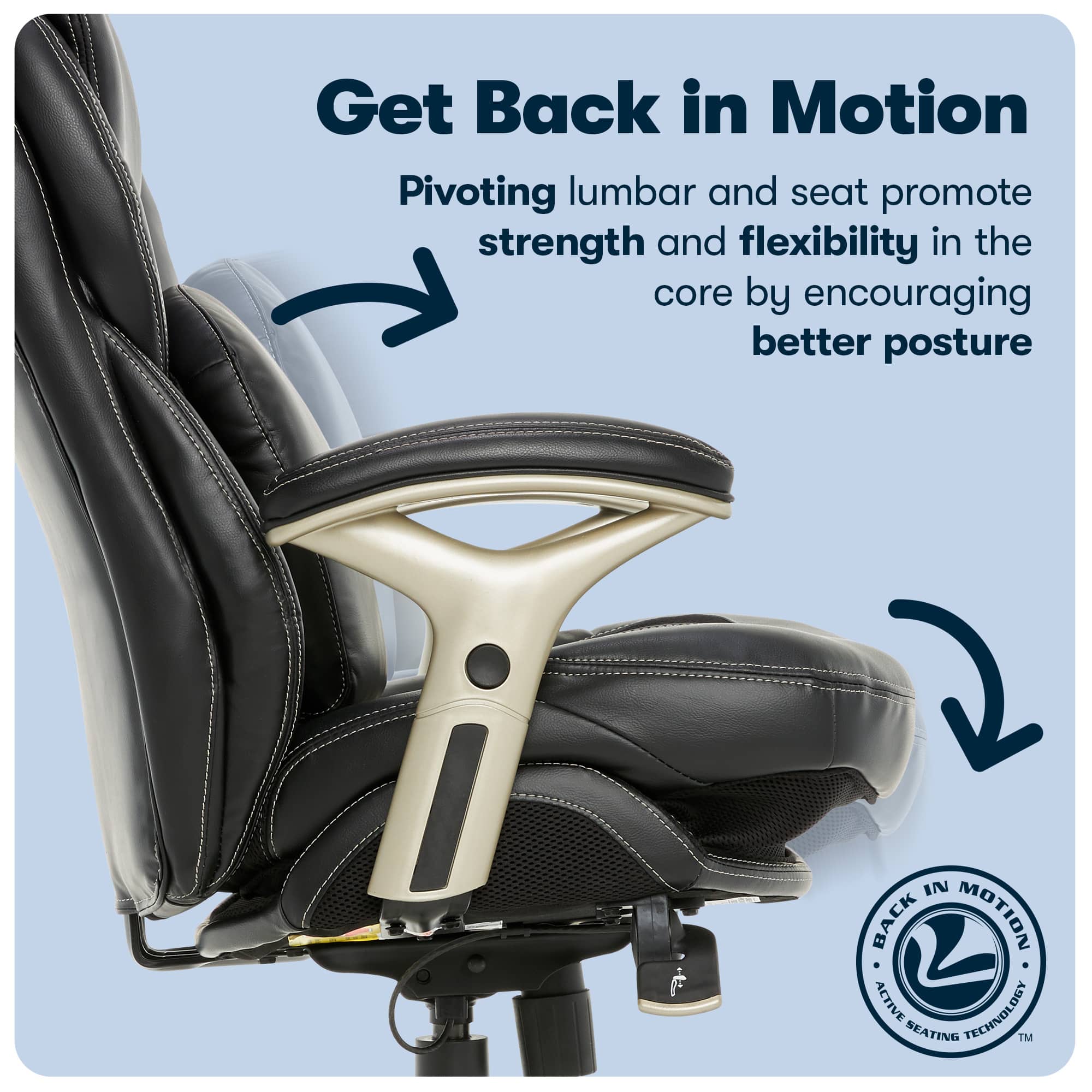 The image features a black office chair with a gold armrest. The chair is designed with an active technology seat, which promotes strength and flexibility in the core by encouraging better posture. The chair is advertised as a way to get back in motion, suggesting that it can help alleviate discomfort and improve overall well-being. The chair is likely intended for use in an office setting, where ergonomics and comfort are essential for maintaining productivity and reducing the risk of injury.