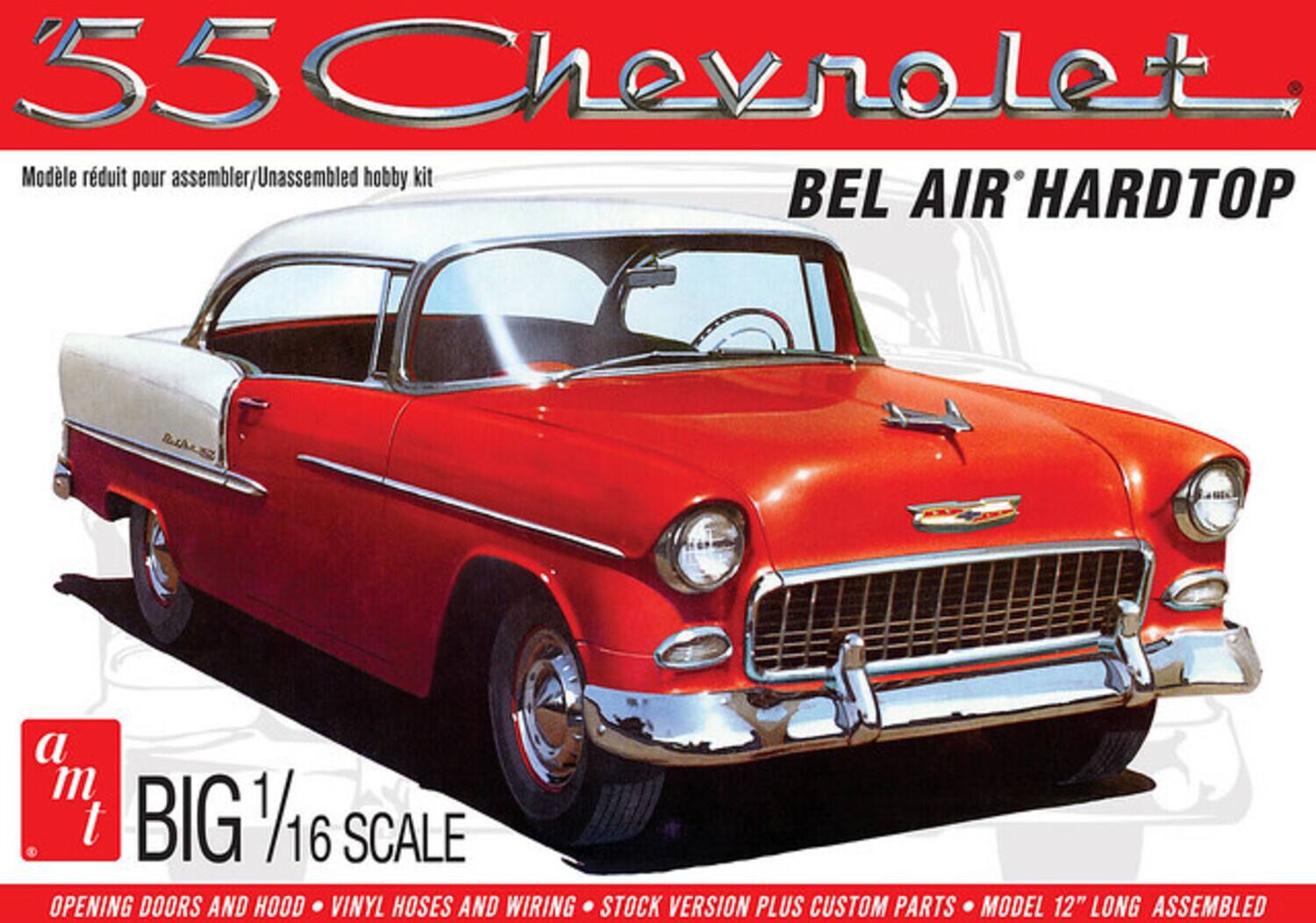 55 Chevrolet  
Bel Air Hardtop  
Modèle réduit pour assembler/Unassembled hobby kit  
Big 1/16 Scale  
Opening doors and hood • Vinyl hoses and wiring • Stock version plus custom parts • Model 12" long assembled