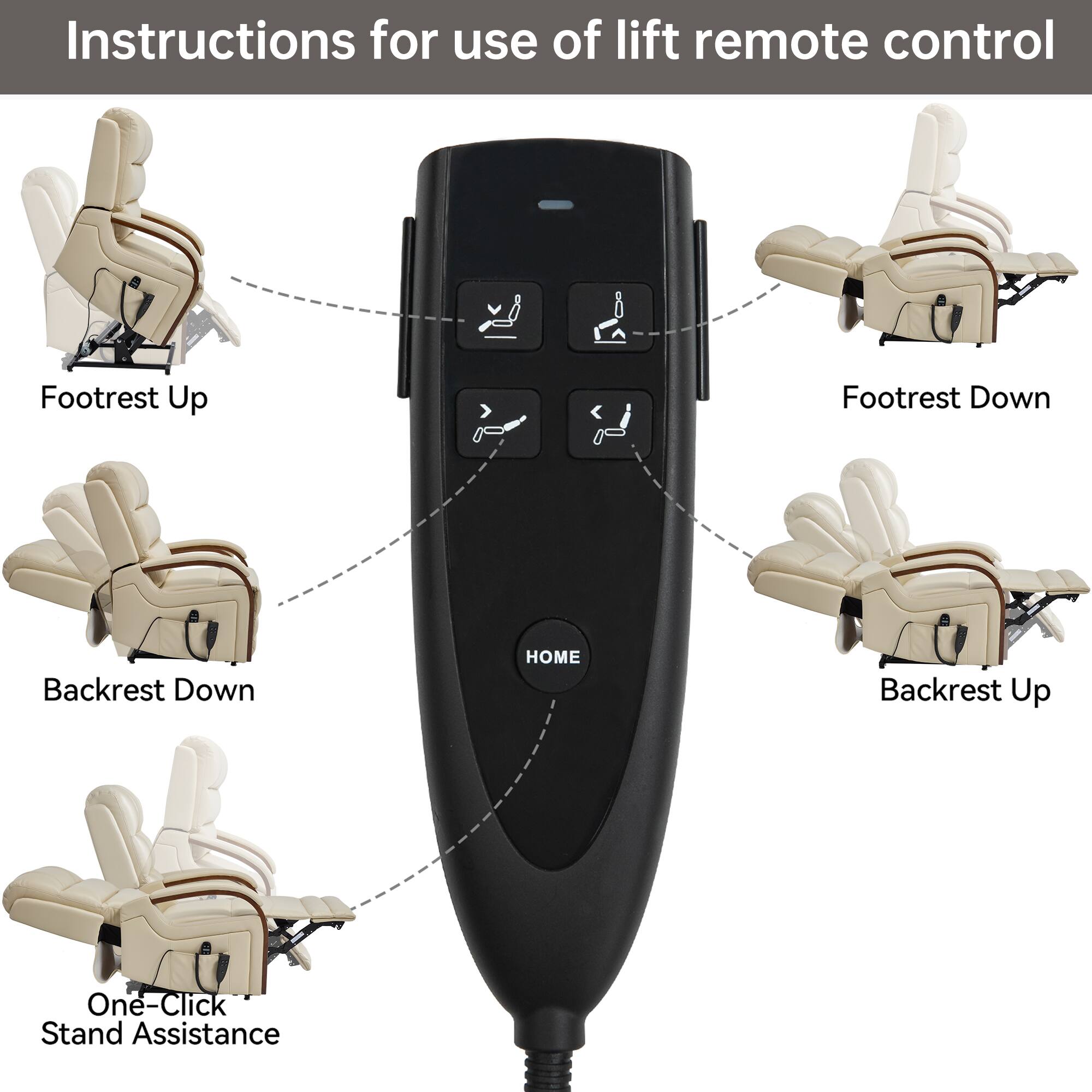 Instructions for use of lift remote control

- Footrest Up
- Footrest Down
- Backrest Down
- Backrest Up
- One-Click Stand Assistance
- HOME