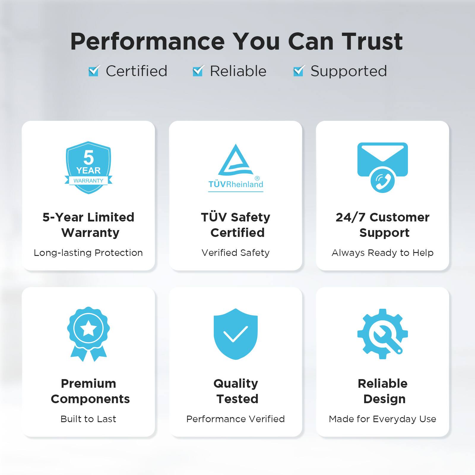 Performance You Can Trust  
Certified Reliable Supported  

5 YEAR WARRANTY  
TUVRheinland  
5-Year Limited Warranty Long-lasting Protection  
TV Safety Certified Verified Safety  
24/7 Customer Support Always Ready to Help  
Premium Components Built to Last  
Quality Tested Performance Verified  
Reliable Design Made for Everyday Use
