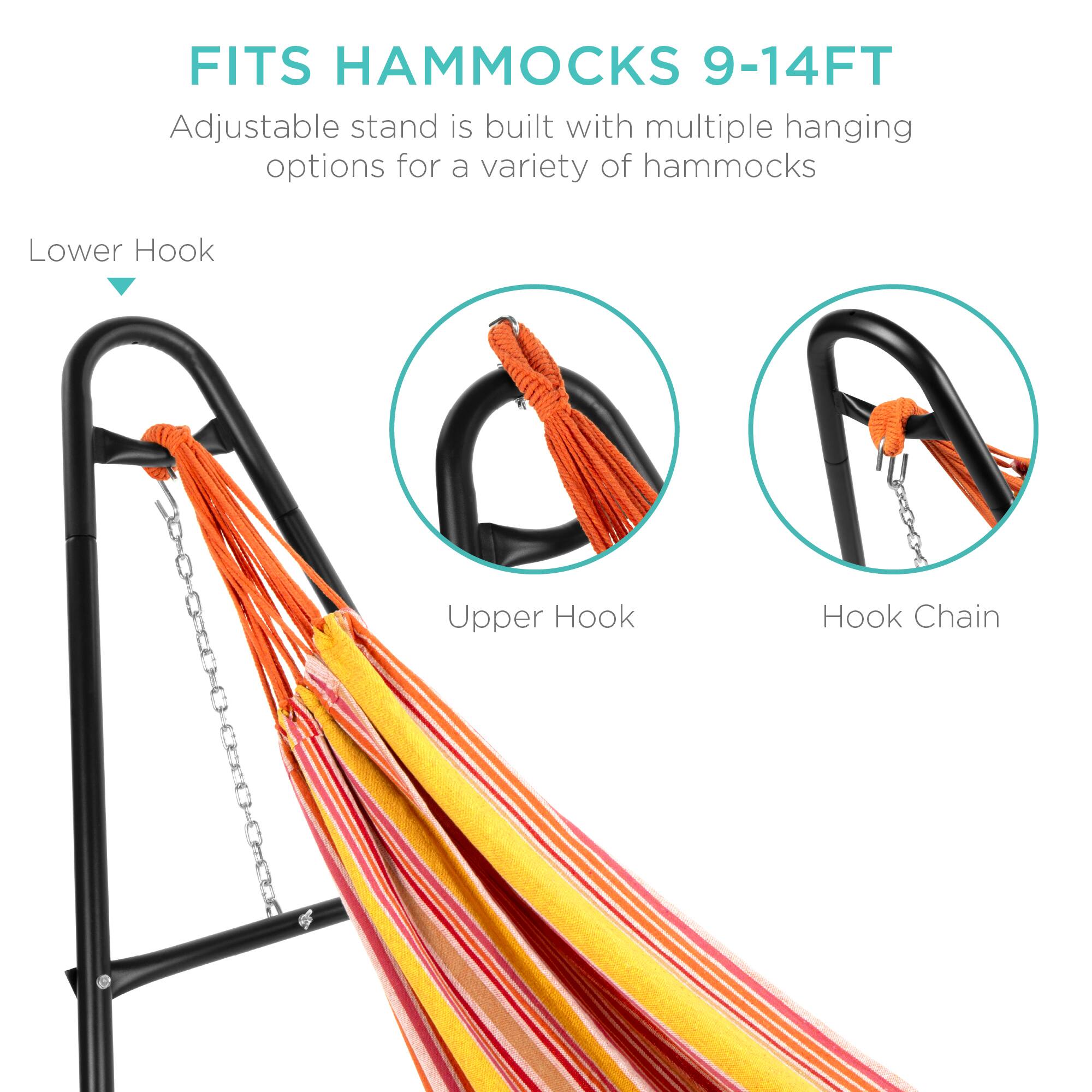 FITS HAMMOCKS 9-14FT

Adjustable stand is built with multiple hanging options for a variety of hammocks

Lower Hook

Upper Hook

Hook Chain