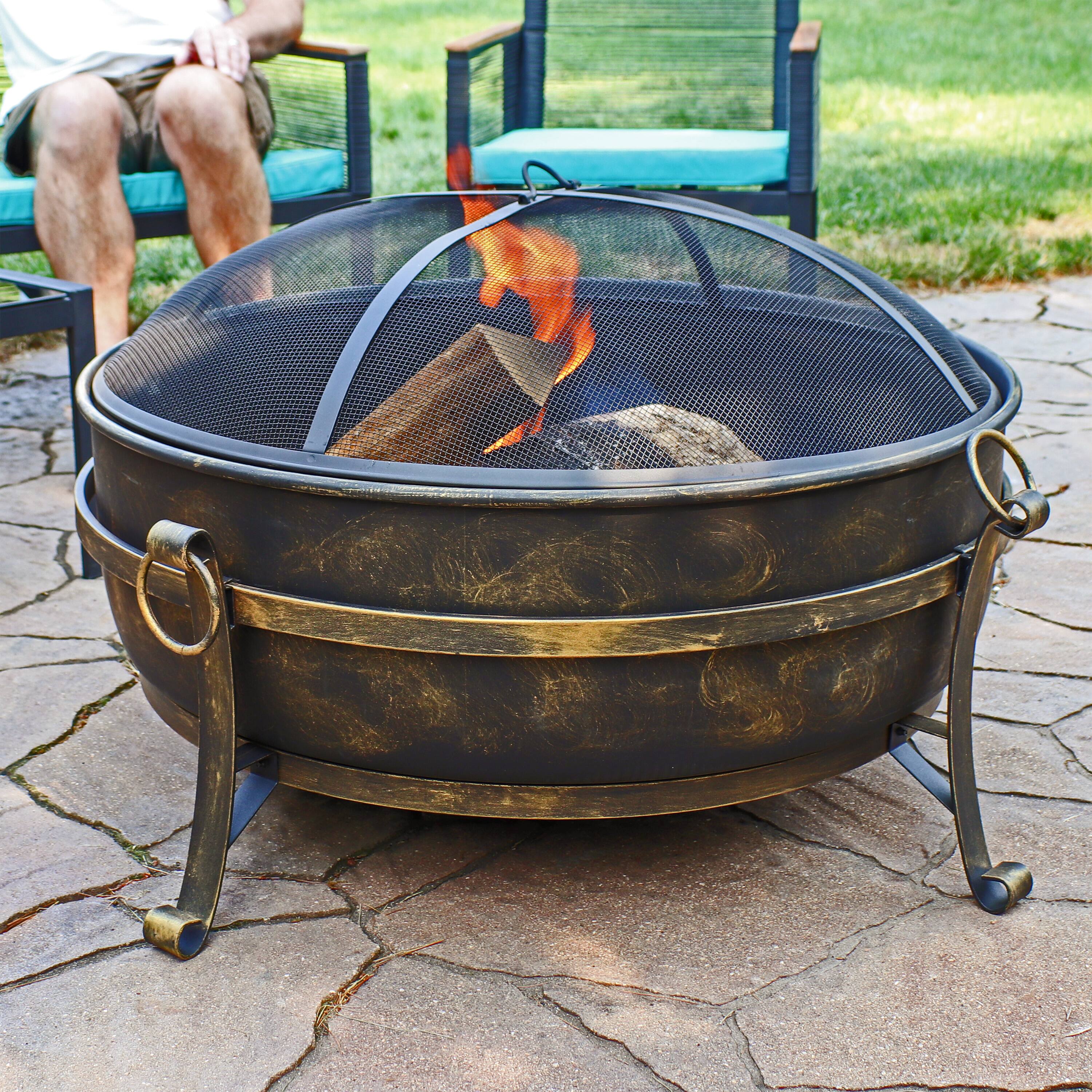 Alt View 1. Sunnydaze - 34 in Cauldron Outdoor Fire Pit Bowl with Spark Screen and Poker - Black.