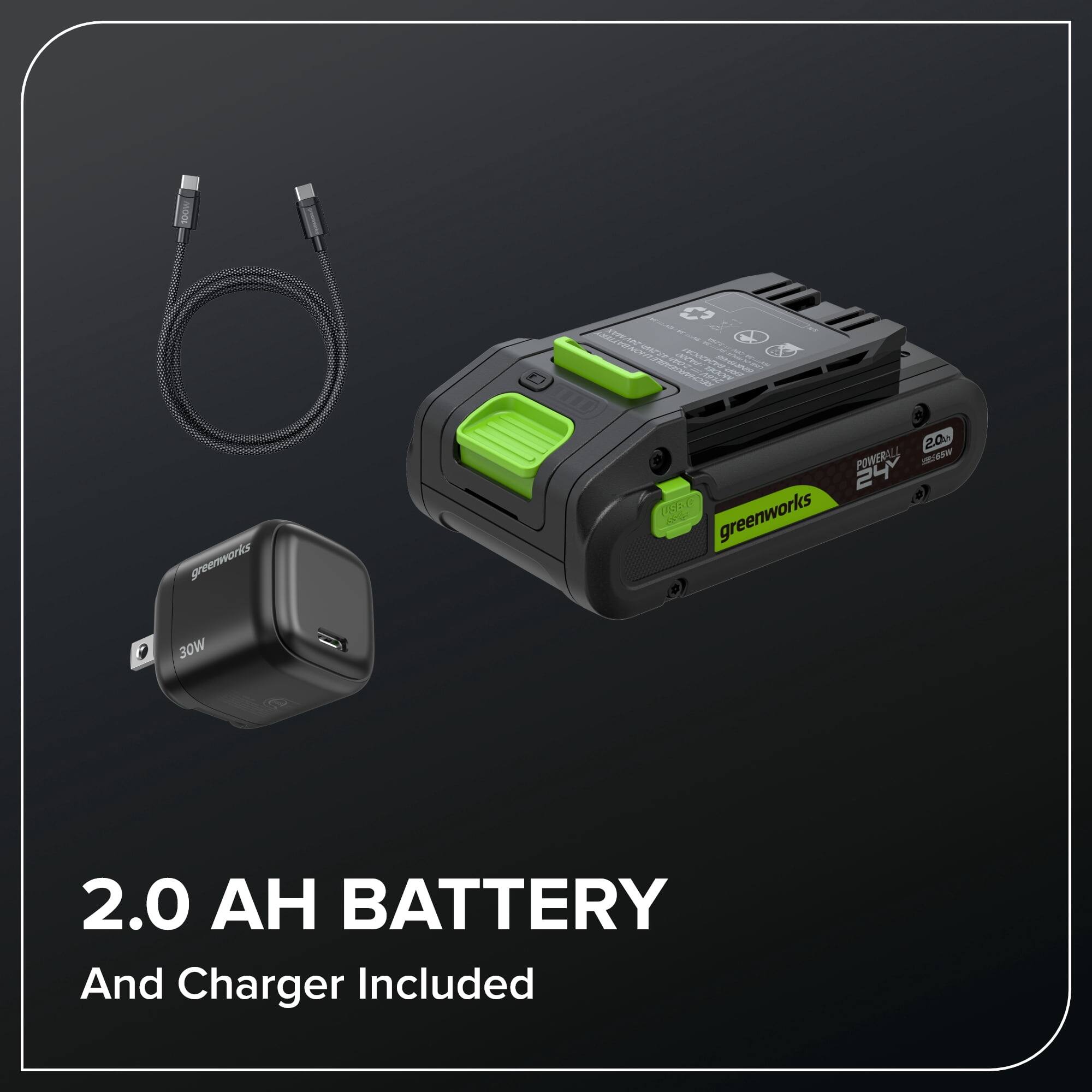 CAT - A - c0% - PA greenworks 20 POWERALL - W 24 MEde greenworks 30W 2.0 BATTERY And Charger Included