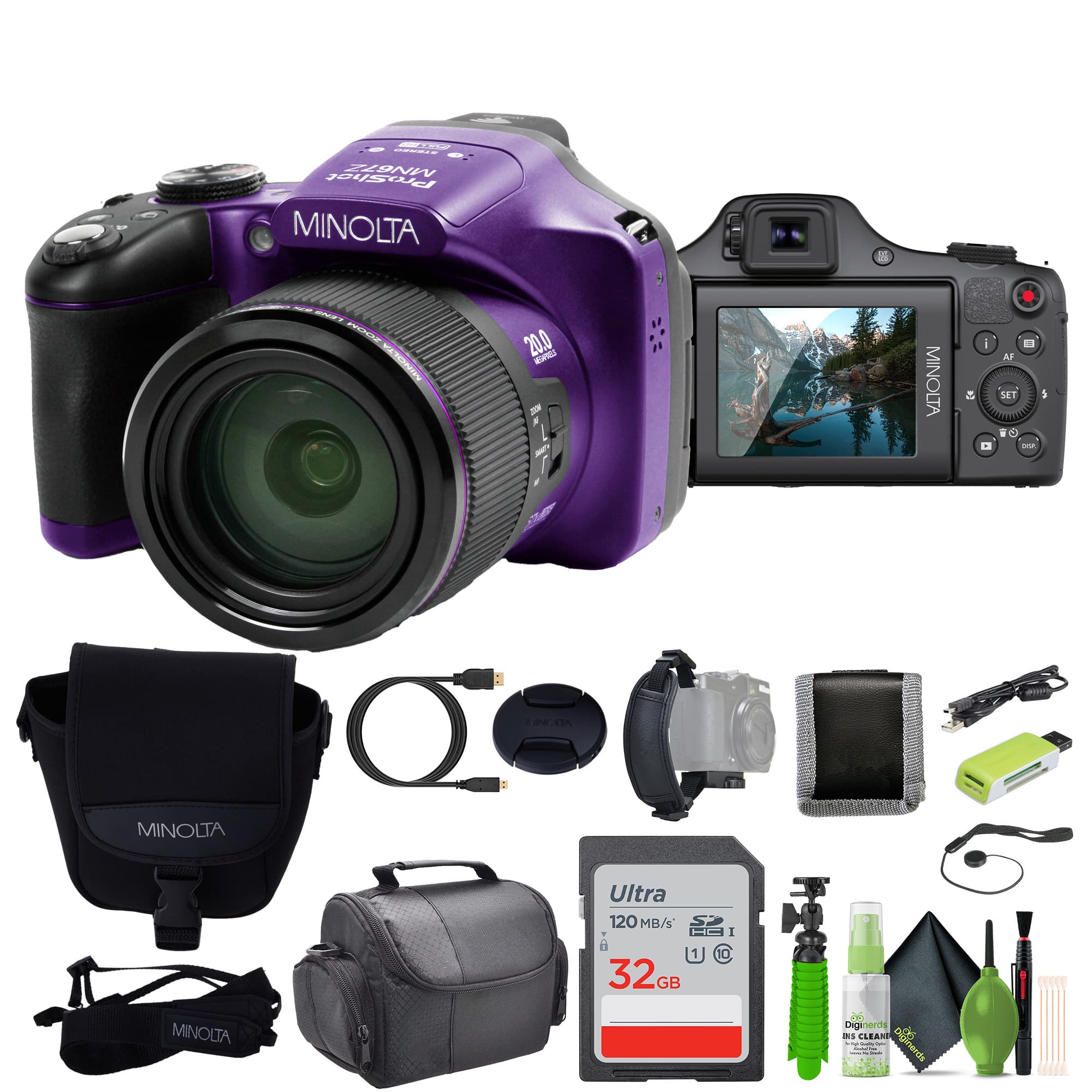 Minolta - Pro Shot 20 MP HD Digital Camera with 67x Zoom, 1080p HD Video Bundle - Purple