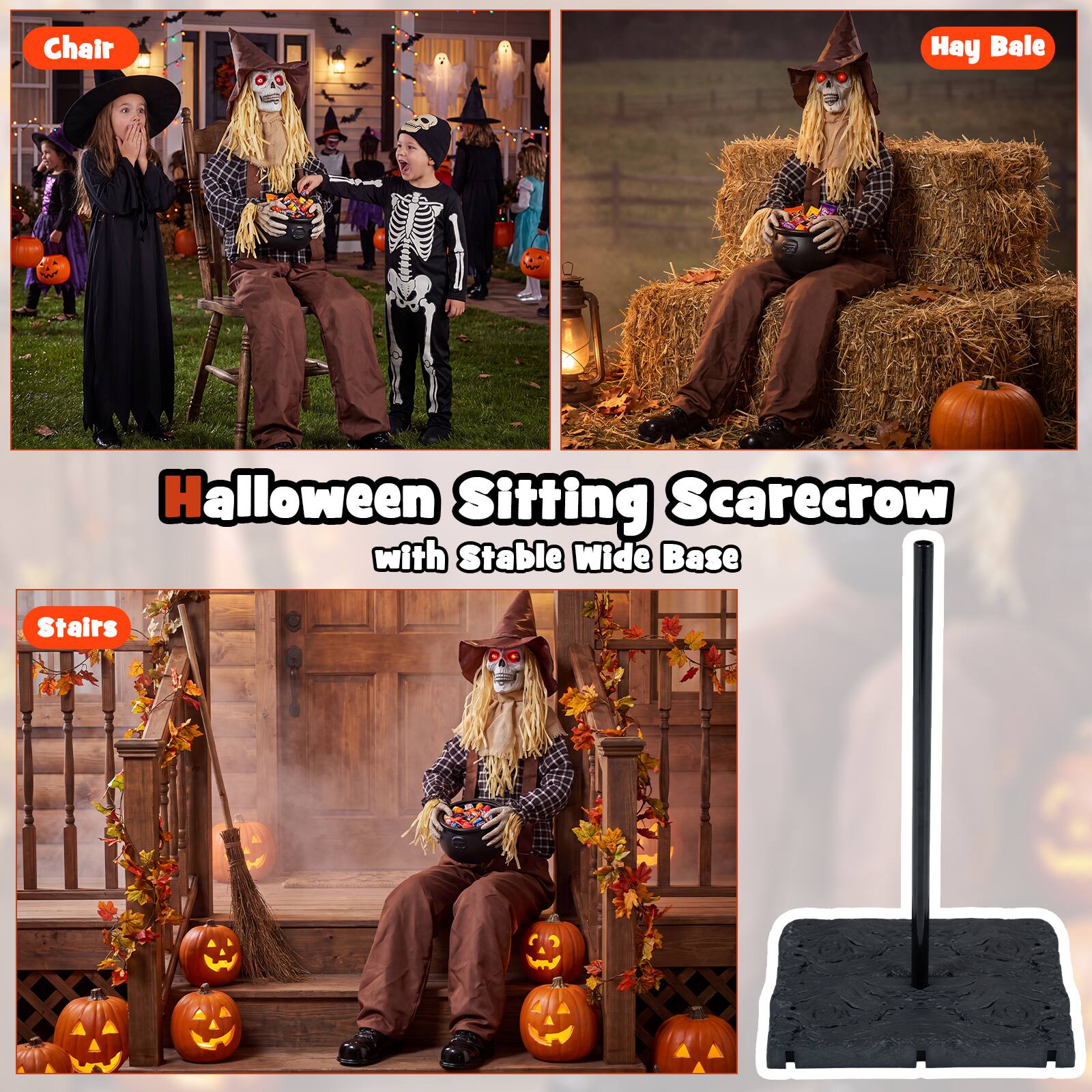 Chair  
Hay Bale  
Halloween Sitting Scarecrow with Stable Wide Base  
Stairs