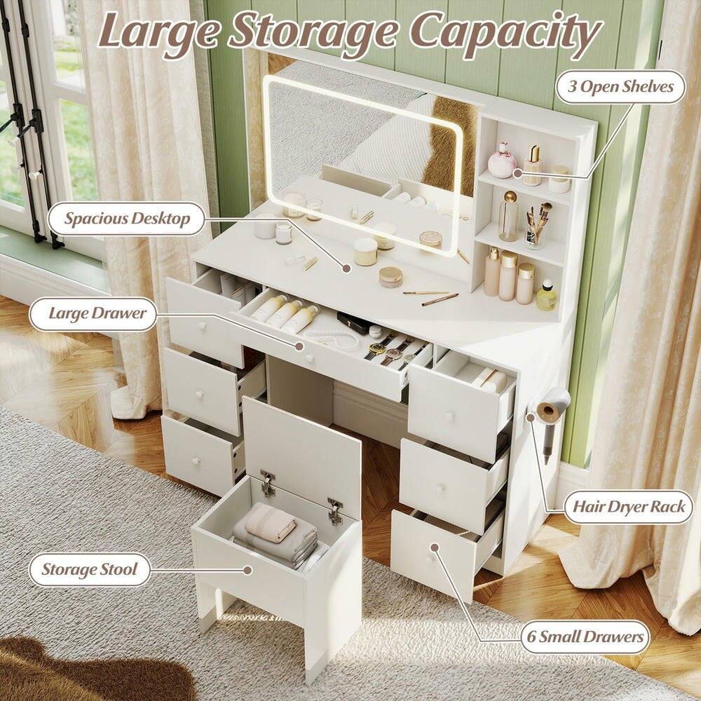 Large Storage Capacity  
3 Open Shelves  
Spacious Desktop  
Large Drawer  
Hair Dryer Rack  
Storage Stool  
6 Small Drawers