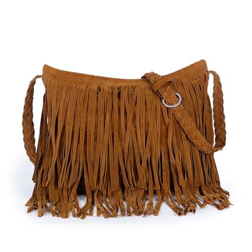 Front. ESBANY - Fringe Crossbody Bags Women, Large Tassels Shoulder Bag with Woven Shoulder Strap Hobos for Daily Travel - Brown.