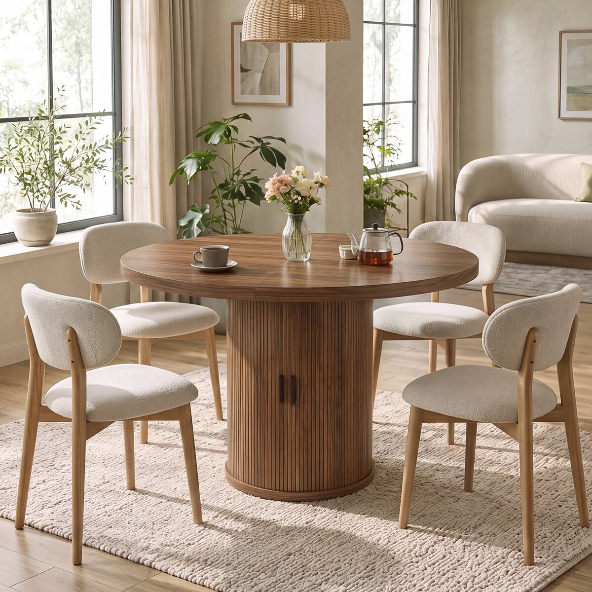 Angle. Dyonery - 35.5" Round Dining Table with Storage Shelf, Modern Fluted Kitchen Table for Small Space - Walnut.