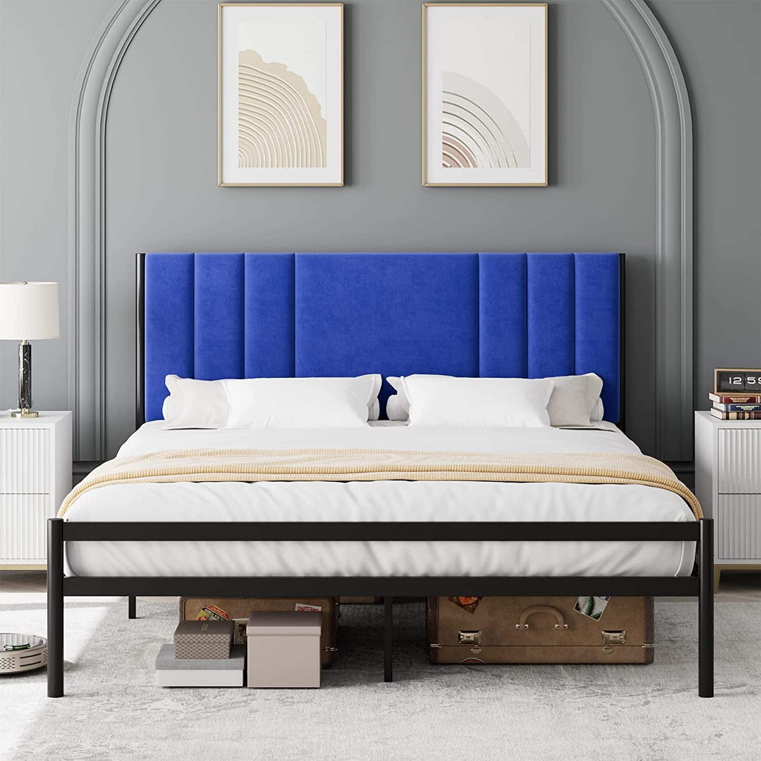 Qeetex - King Size Bed Frame Platform Bed Frame with Velvet Headboard Heavy Duty Metal Bed Frame Easy Assembly Box Spring Opt - As Shown