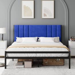 GARVEE - King Velvet Platform Bed Blue Heavy Duty Metal Frame Easy Assembly No Box Spring Needed - Blue King
