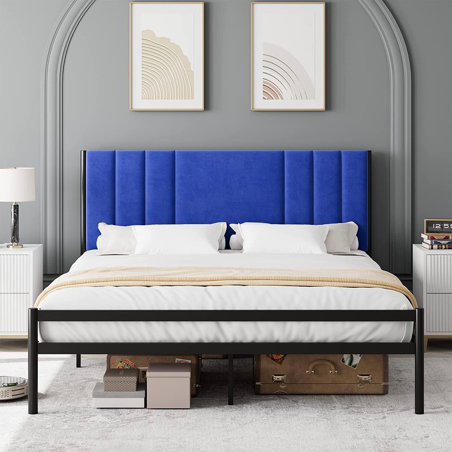 Front. Qeetex - King Size Bed Frame  Platform Bed Frame with Velvet Headboard  Heavy Duty Metal Bed Frame  Easy Assembly  Box Spring Opt - As Shown.