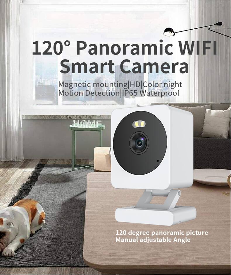 120° Panoramic WIFI Smart Camera  
Magnetic mounting | HD | Color night  
Motion Detection | IP65 Waterproof  

120 degree panoramic picture  
Manual adjustable Angle