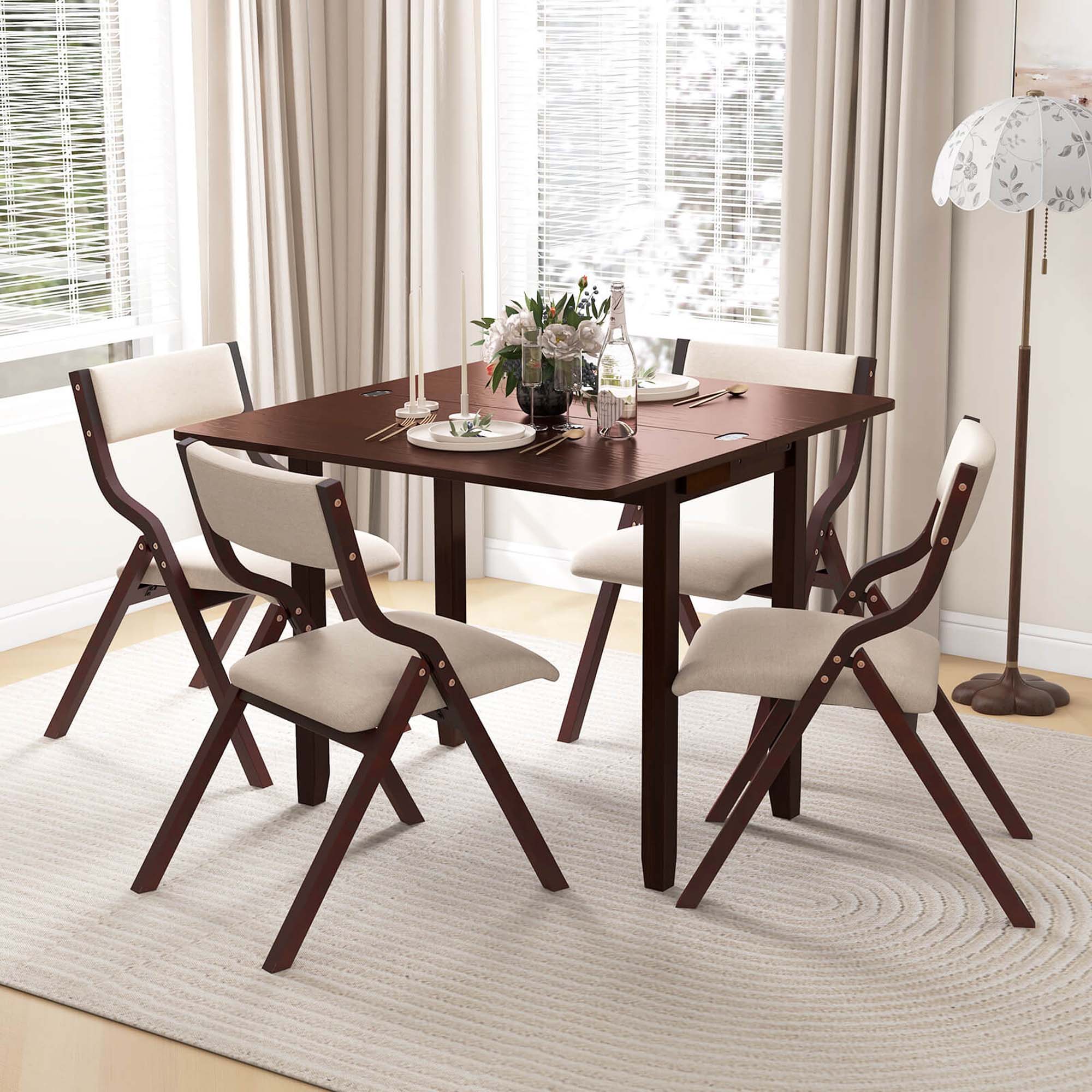 Alt View 1. Costway - Costway Kitchen Table Set for 4 with Expandable Dining Table 4 Upholstered Folding Chairs - Cherry Brown,Coffee,Beige.