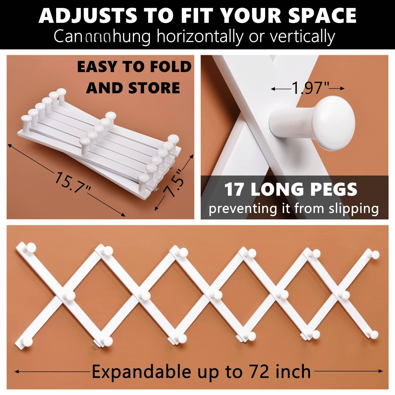 ADJUSTS TO FIT YOUR SPACE  
Can be hung horizontally or vertically  

EASY TO FOLD AND STORE  

1.97"  

15.7"  
7.5"  

17 LONG PEGS  
preventing it from slipping  

Expandable up to 72 inch