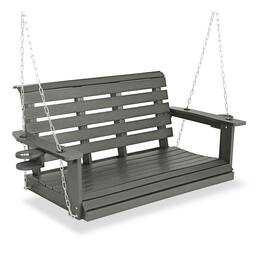 Fortune Candy - 4ft Poly Lumber Outdoor Porch Swing, HIPS Weather Resistant Patio Swing Chair with Foldable Cup Holders (2-Seater) - Deep Gray