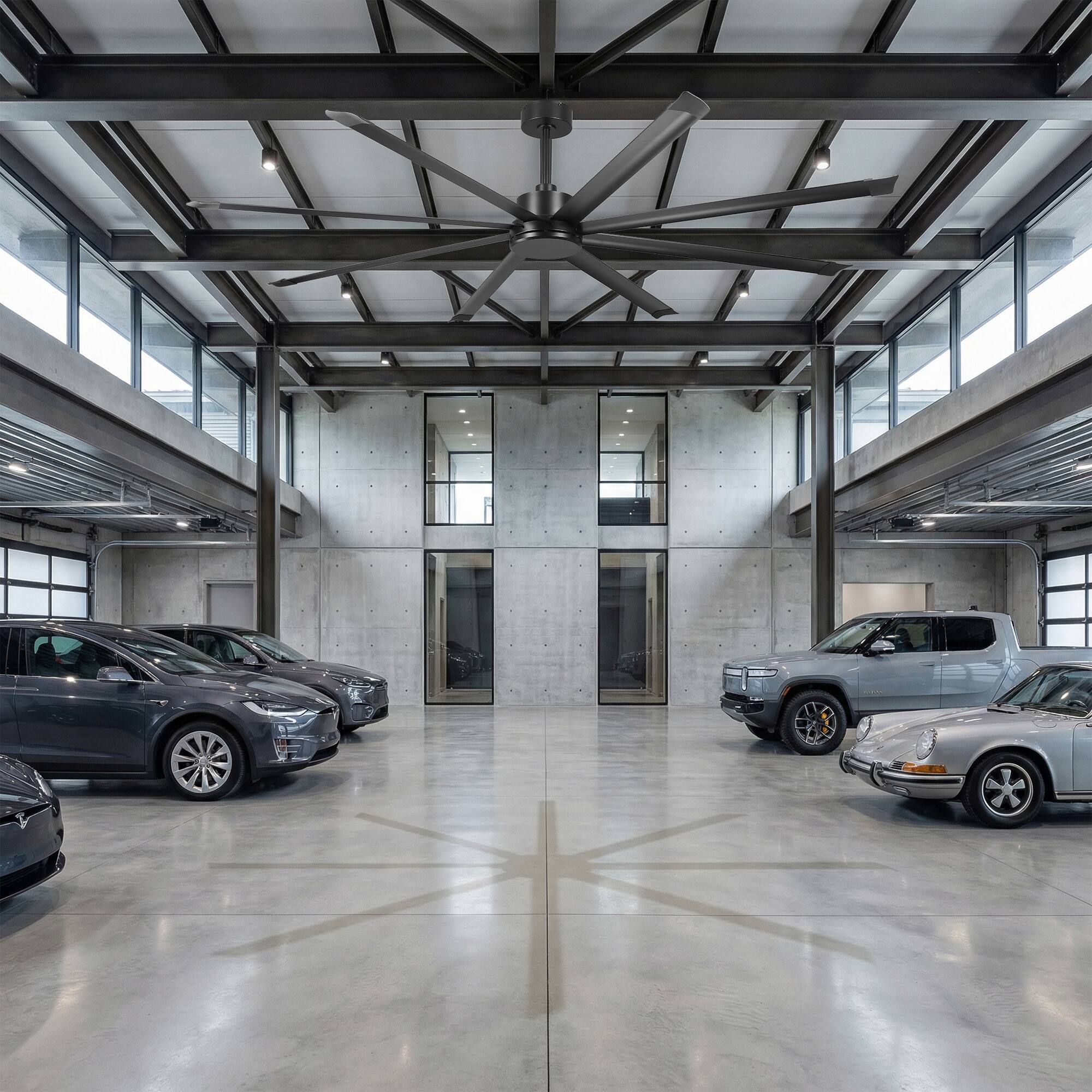 Back. Vaczon - 100" Industrial 8 Aluminum Blades 6-Speed DC Motor Ceiling Fan with Remote Control, 15000 CFM High Airflow, No Light - Matte Black.