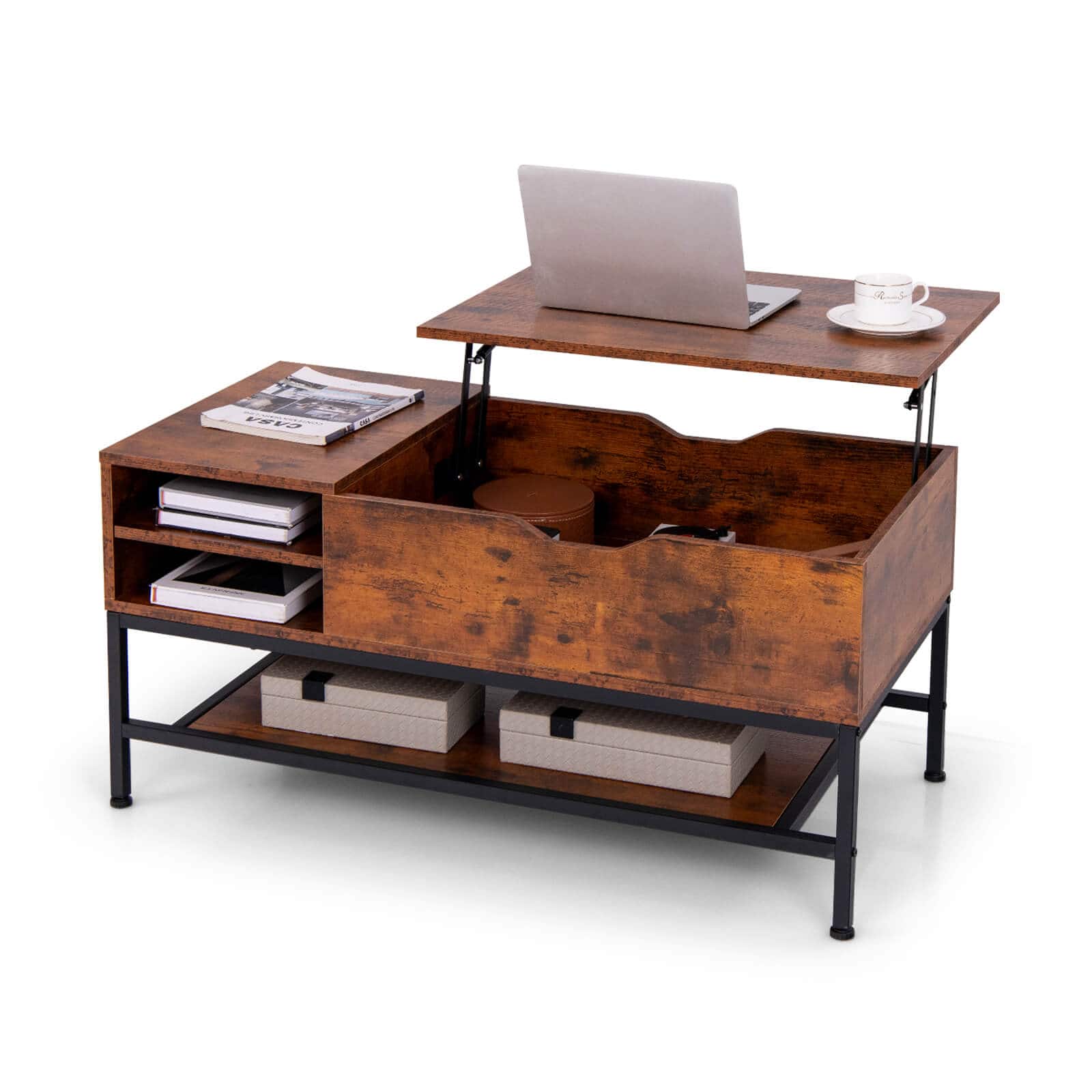 Front. Costway - Lift Top Coffee Table w/Hidden Compartment & Removable Storage Shelf Metal Frame - Rustic Brown.