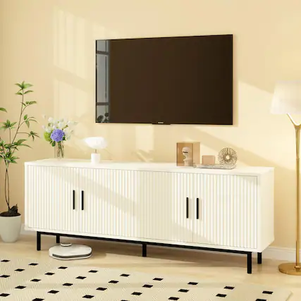 Front. Dyonery - 70" Fluted TV Stand for TVs up to 80 Inches, Entertainment Center with Storage, Adjustable Shelf, Modern TV Console - White.