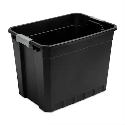 Front. Sterilite - Sterilite 27 Gal Rugged Industrial Stackable Storage Tote w/ Lid, Black, 4 Pack.