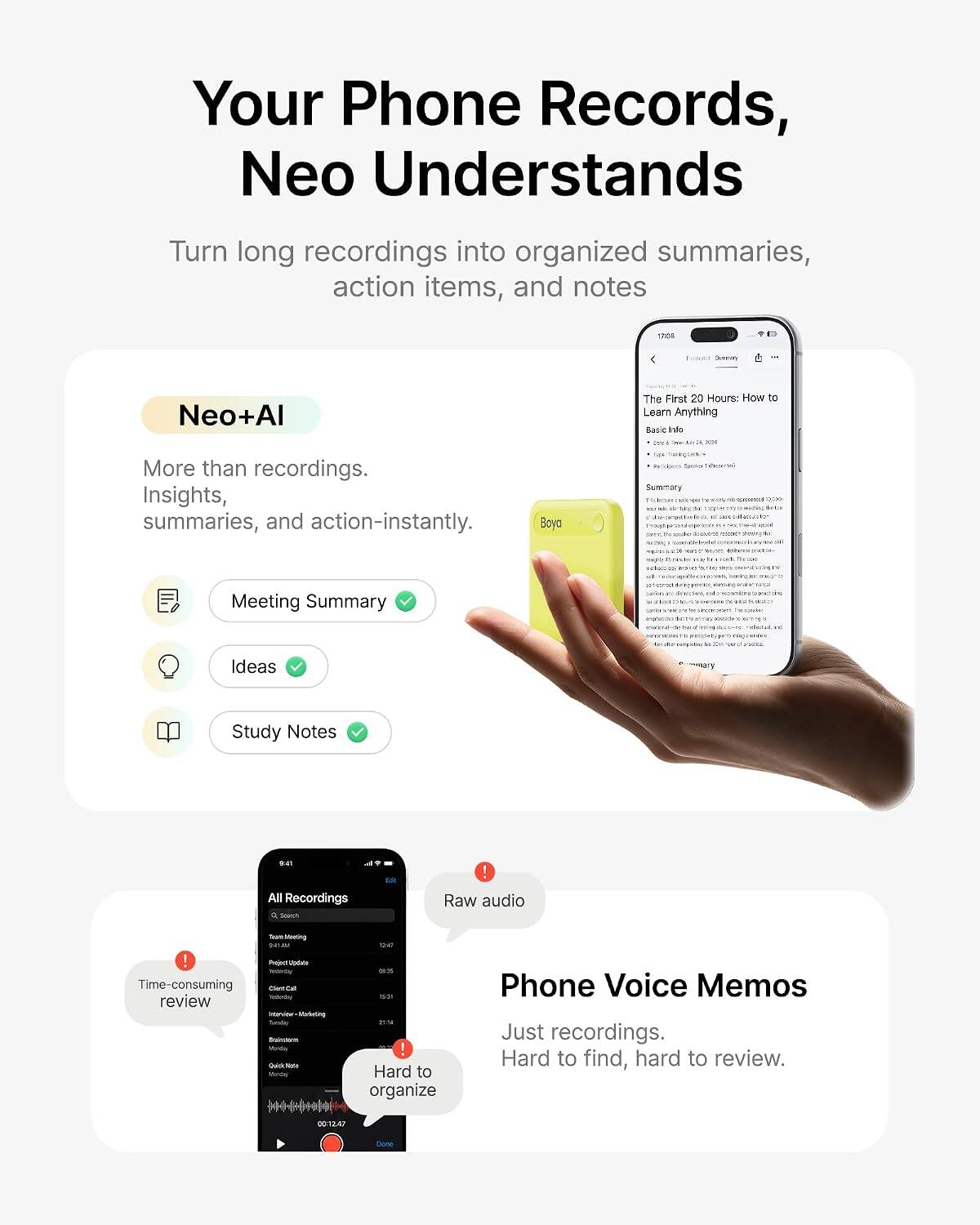 BOYA NOTRA NEO AI Voice Recorder with Transcription and Summaries ...