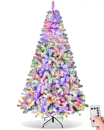 Front. Sugift - 6ft Prelit Flocked Christmas Tree - Artificial Xmas Trees with 250 Multicolor LED Lights & 1000 Branch Tips - White.
