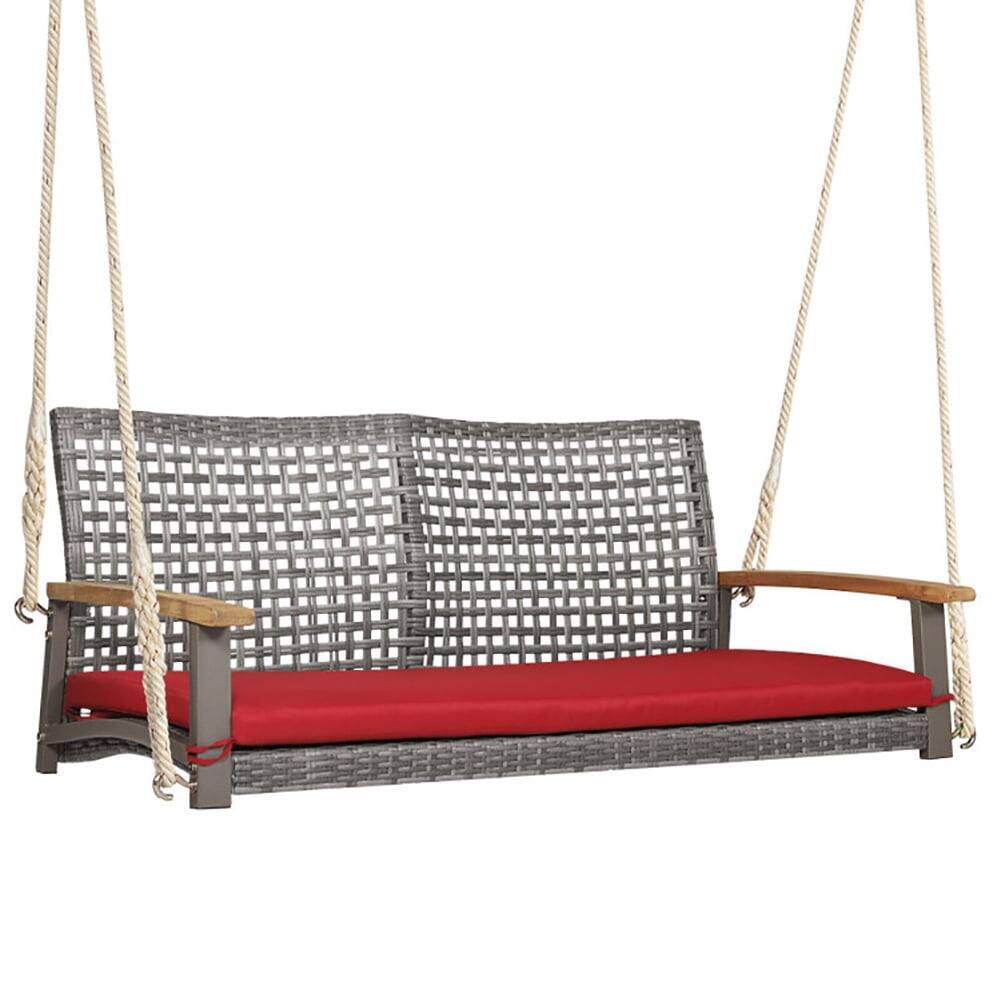 Front. Pefilos - 2-Person Patio Wicker Hanging Swing Chair-Re, 2-Seater Hanging Bench, Pillow for Backyar Garen Poolsi - Red.
