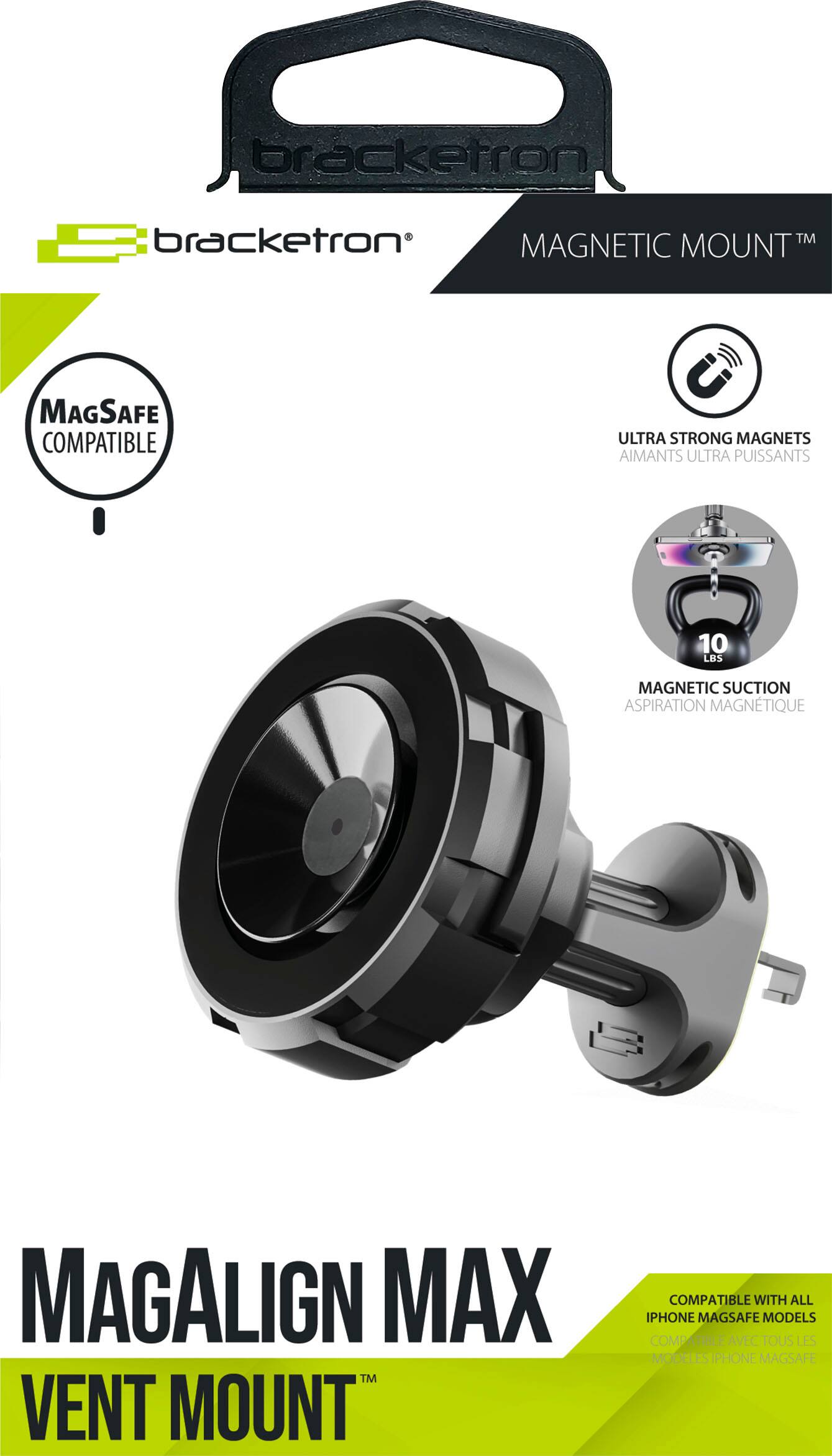 Bracketron is the brand name associated with the MagAlign Max TM VENT MOUNT. This product is compatible with all iPhone MagSafe models and features ultra strong magnets that provide a secure and stable mounting solution for your device.
