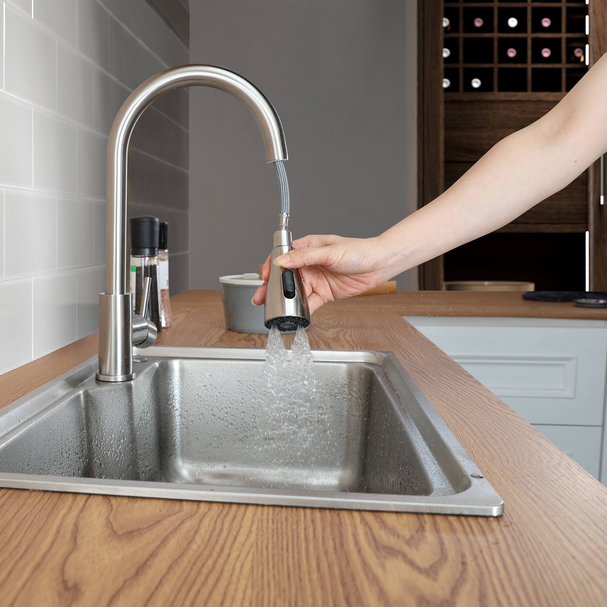 Left. Bothwa Home - PureFlow 15.75 - Inch Kitchen Faucet - Brushed Nickel.