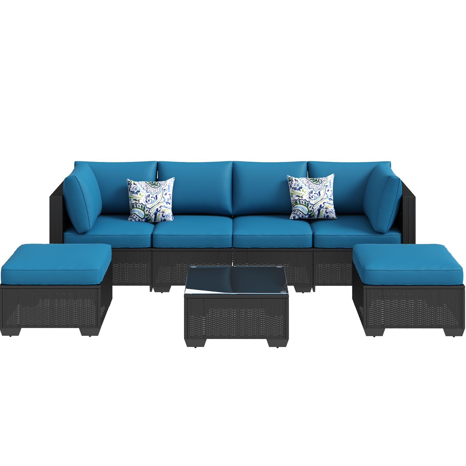 Alt View 2. Mondawe - 7-Piece Rattan Sofa Set with Cushions and Versatile Ottomans - Blue+Black.