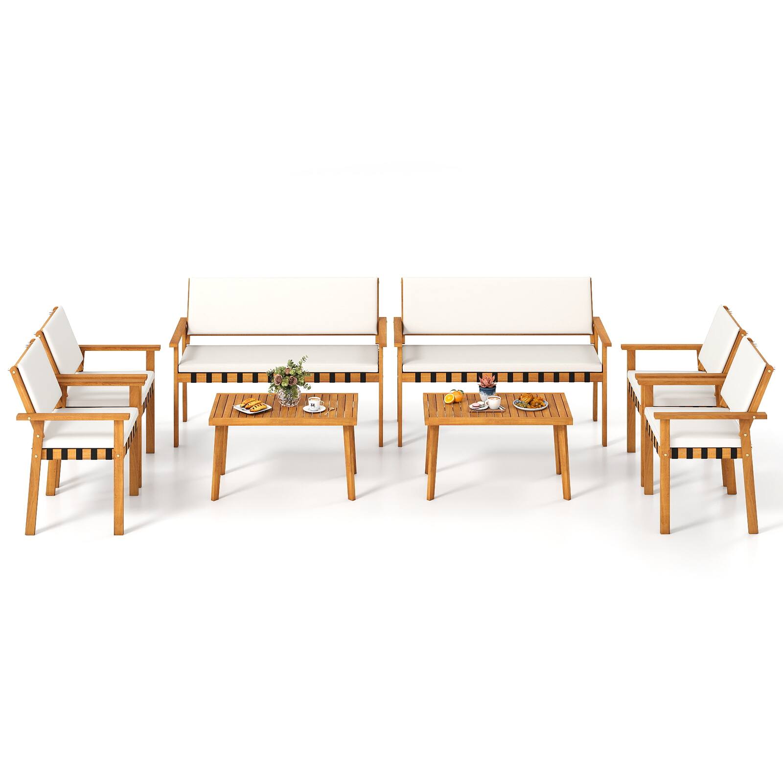 Gymax - Set of 8 Wood Furniture Set w/Coffee Table Seat Back Cushions for Backyard Porch - White
